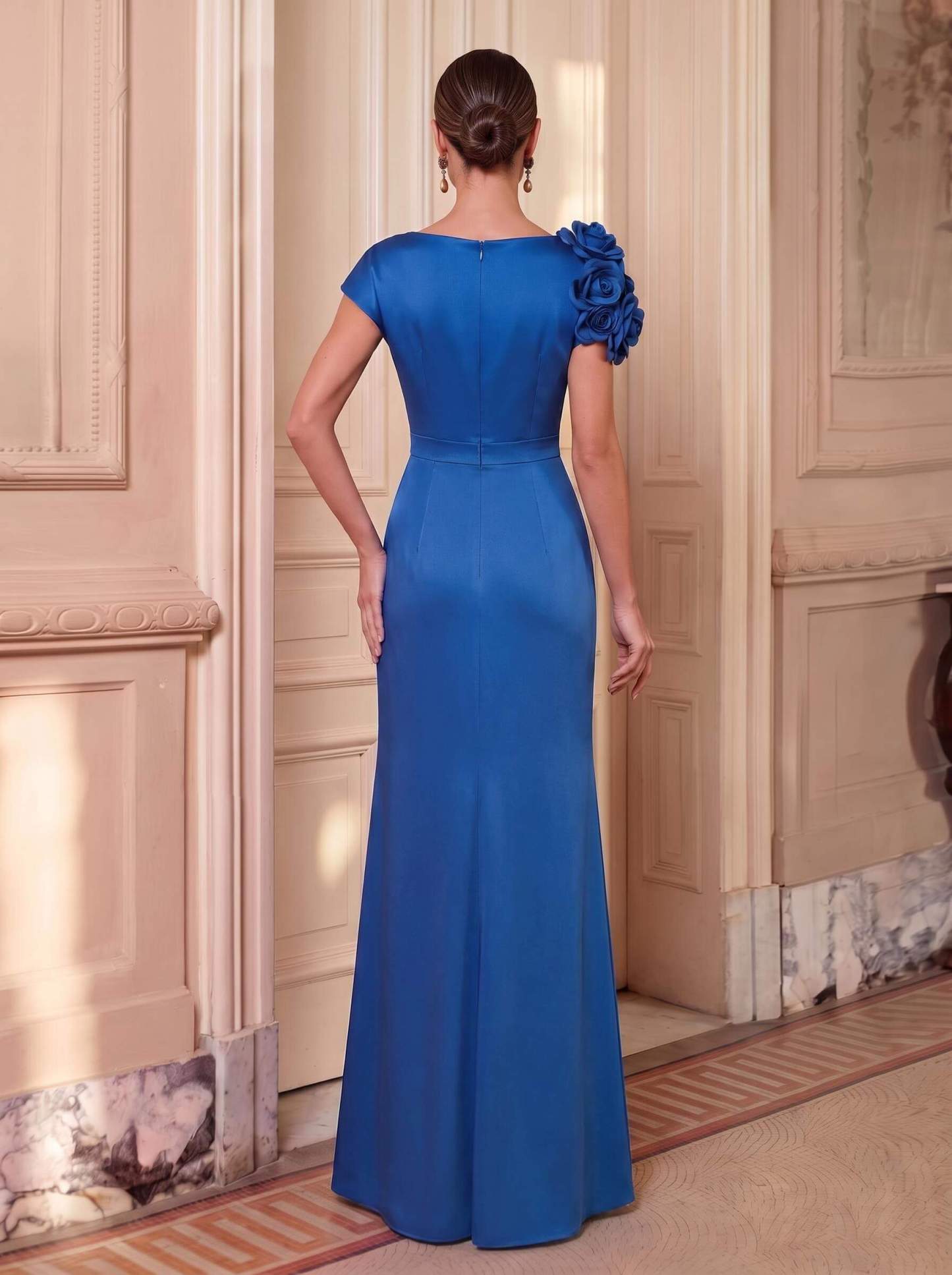 Trumpet/Mermaid Scoop Neck Short Sleeves Floor-Length Chiffon/Satin Evening Dresses, supplier image 2