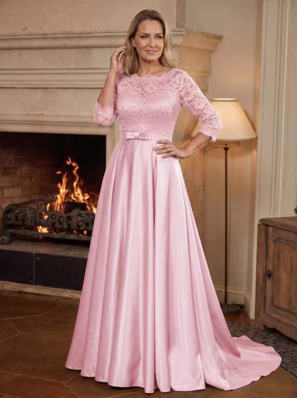 A-Line/Princess Scoop Neck Sweep/Brush Train Satin Mother Of The Bride Dresses With Lace