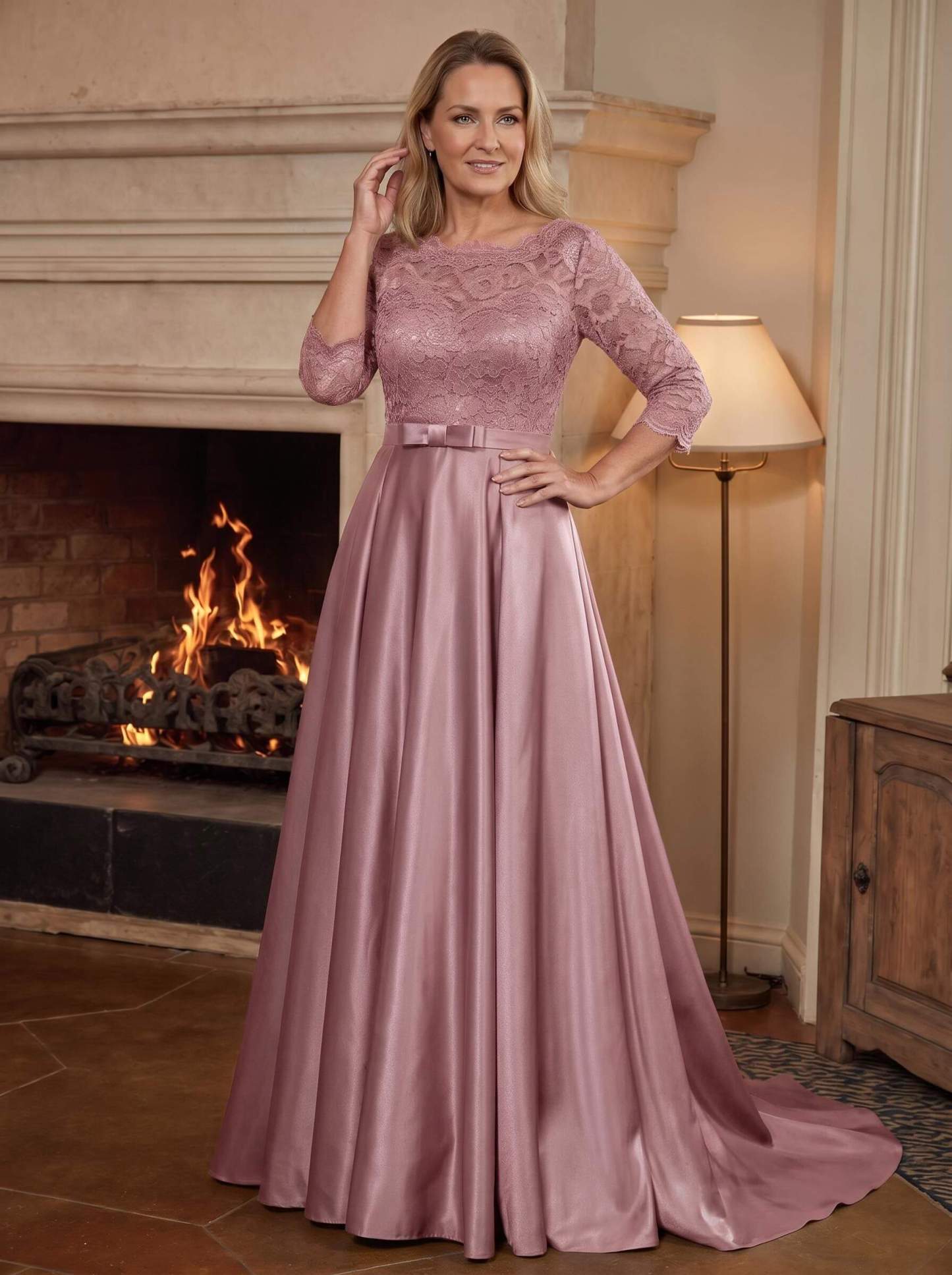 A-Line/Princess Scoop Neck Sweep/Brush Train Satin Mother Of The Bride Dresses With Lace