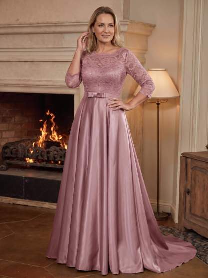 A-Line/Princess Scoop Neck Sweep/Brush Train Satin Mother Of The Bride Dresses With Lace