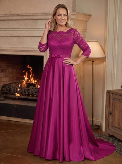 A-Line/Princess Scoop Neck Sweep/Brush Train Satin Mother Of The Bride Dresses With Lace