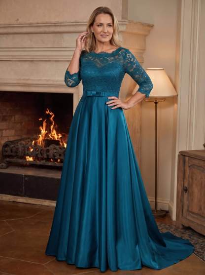 A-Line/Princess Scoop Neck Sweep/Brush Train Satin Mother Of The Bride Dresses With Lace