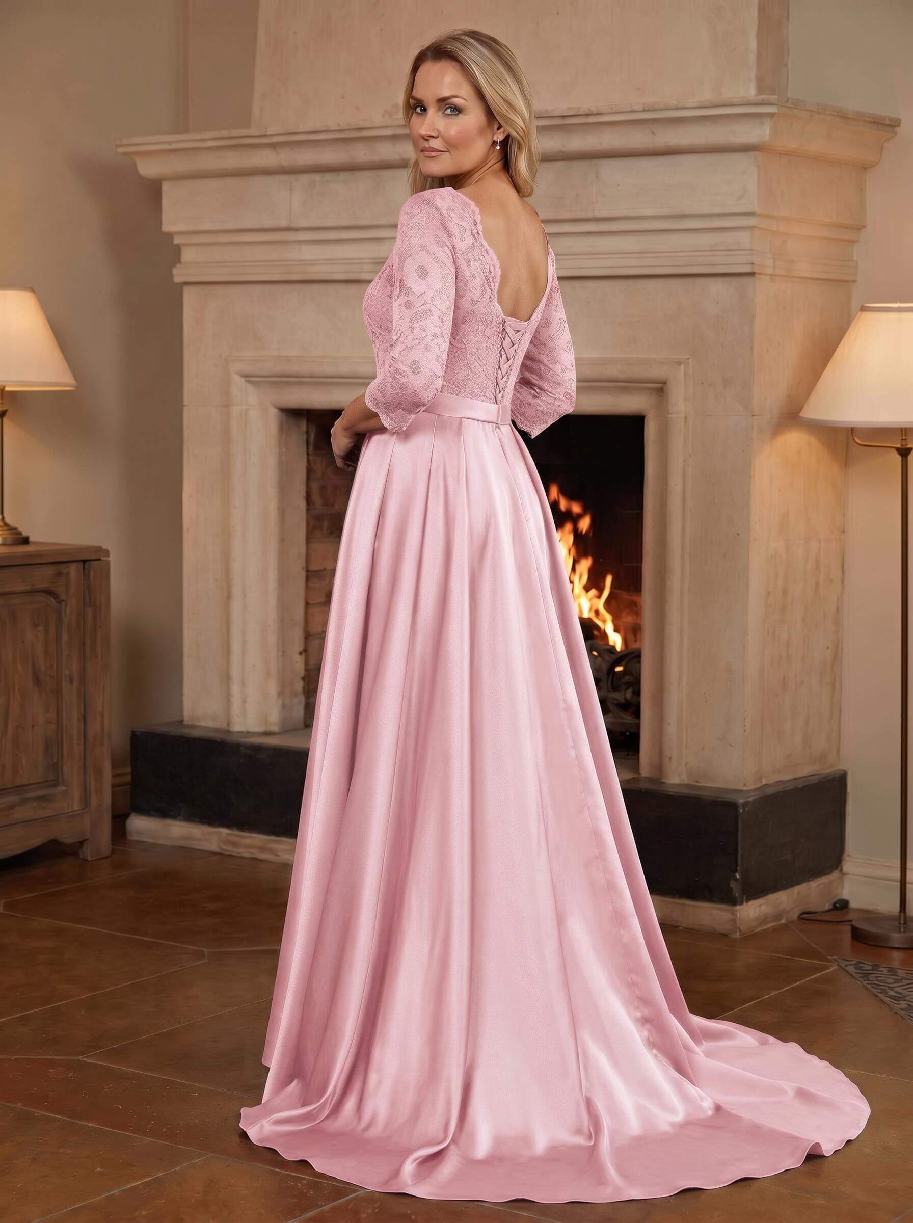 A-Line/Princess Scoop Neck Sweep/Brush Train Satin Mother Of The Bride Dresses With Lace