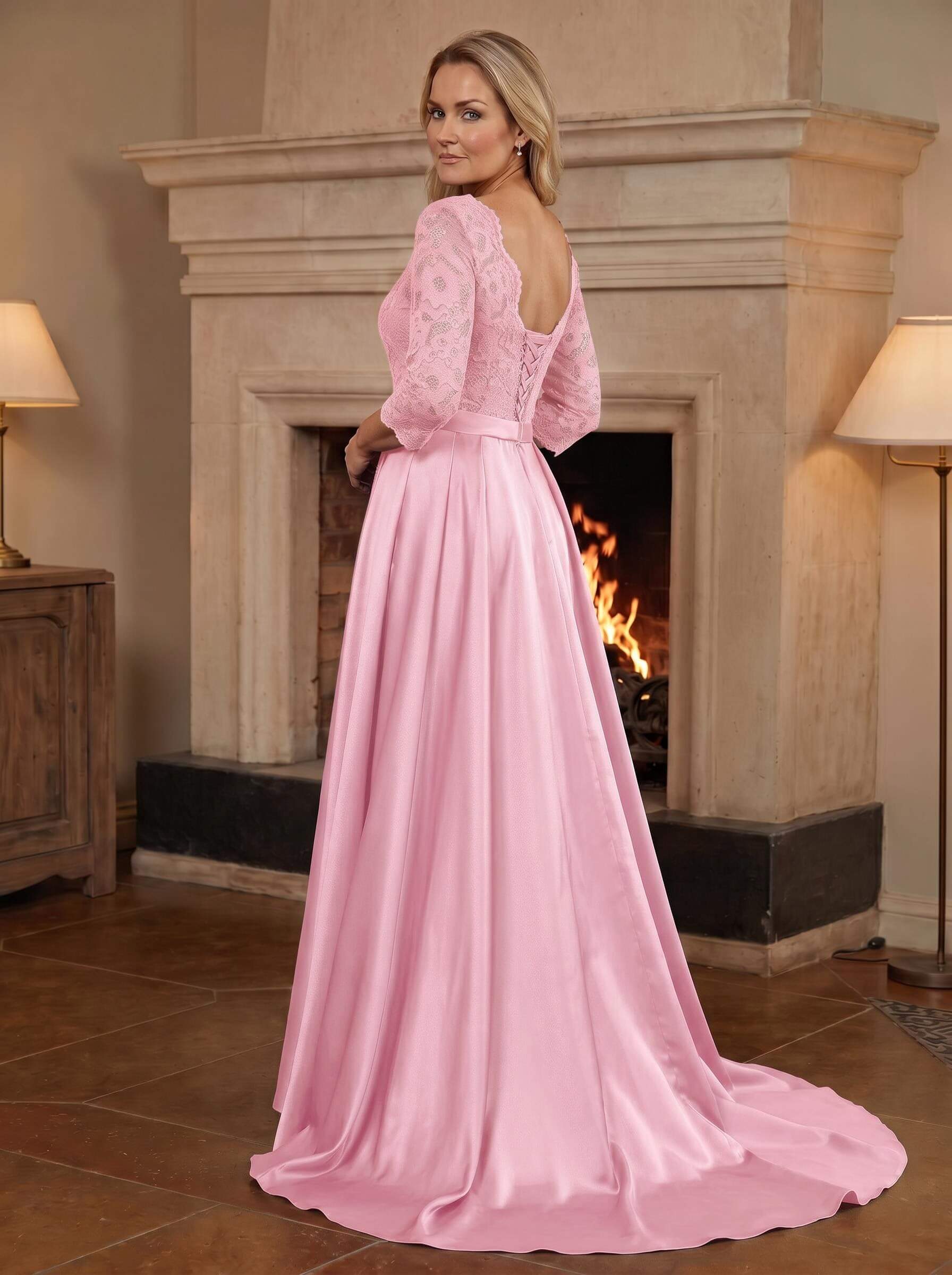A-Line/Princess Scoop Neck Sweep/Brush Train Satin Mother Of The Bride Dresses With Lace