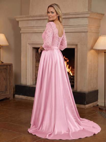 A-Line/Princess Scoop Neck Sweep/Brush Train Satin Mother Of The Bride Dresses With Lace