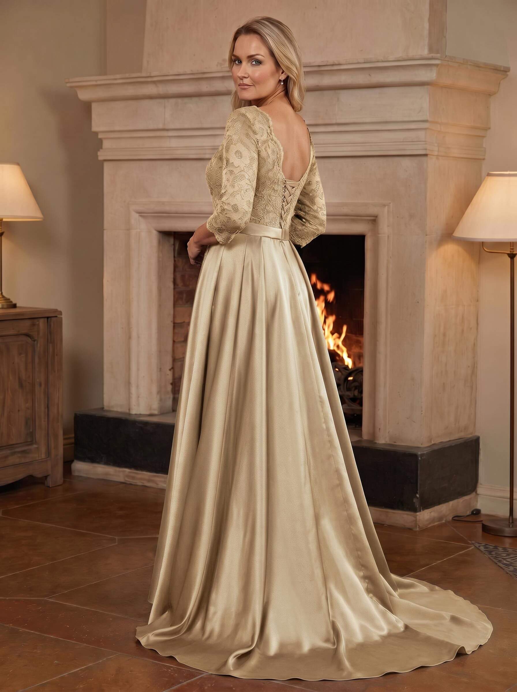 A-Line/Princess Scoop Neck Sweep/Brush Train Satin Mother Of The Bride Dresses With Lace