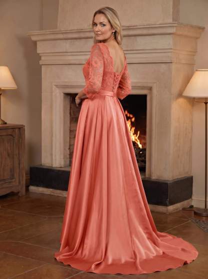 A-Line/Princess Scoop Neck Sweep/Brush Train Satin Mother Of The Bride Dresses With Lace
