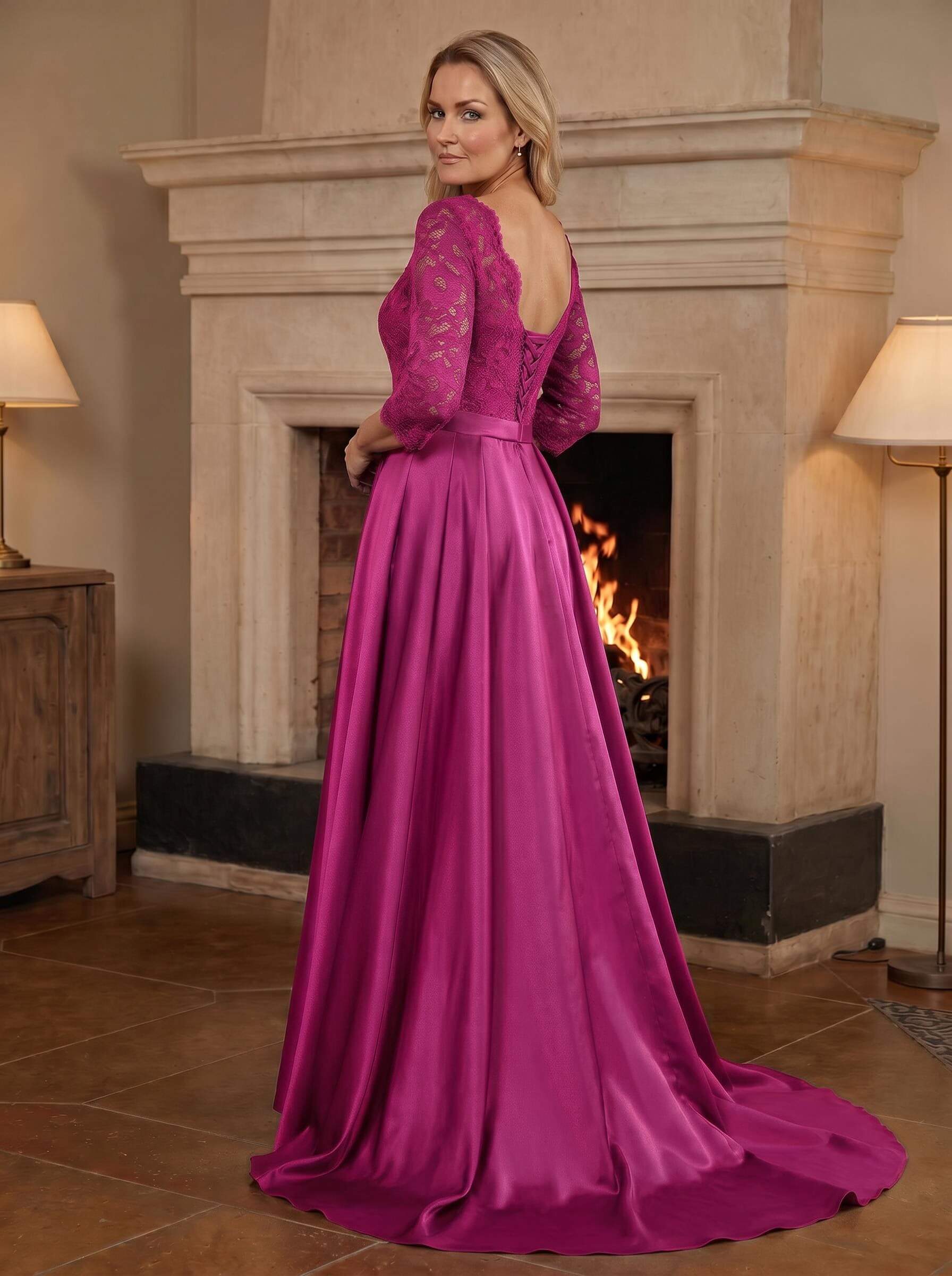 A-Line/Princess Scoop Neck Sweep/Brush Train Satin Mother Of The Bride Dresses With Lace