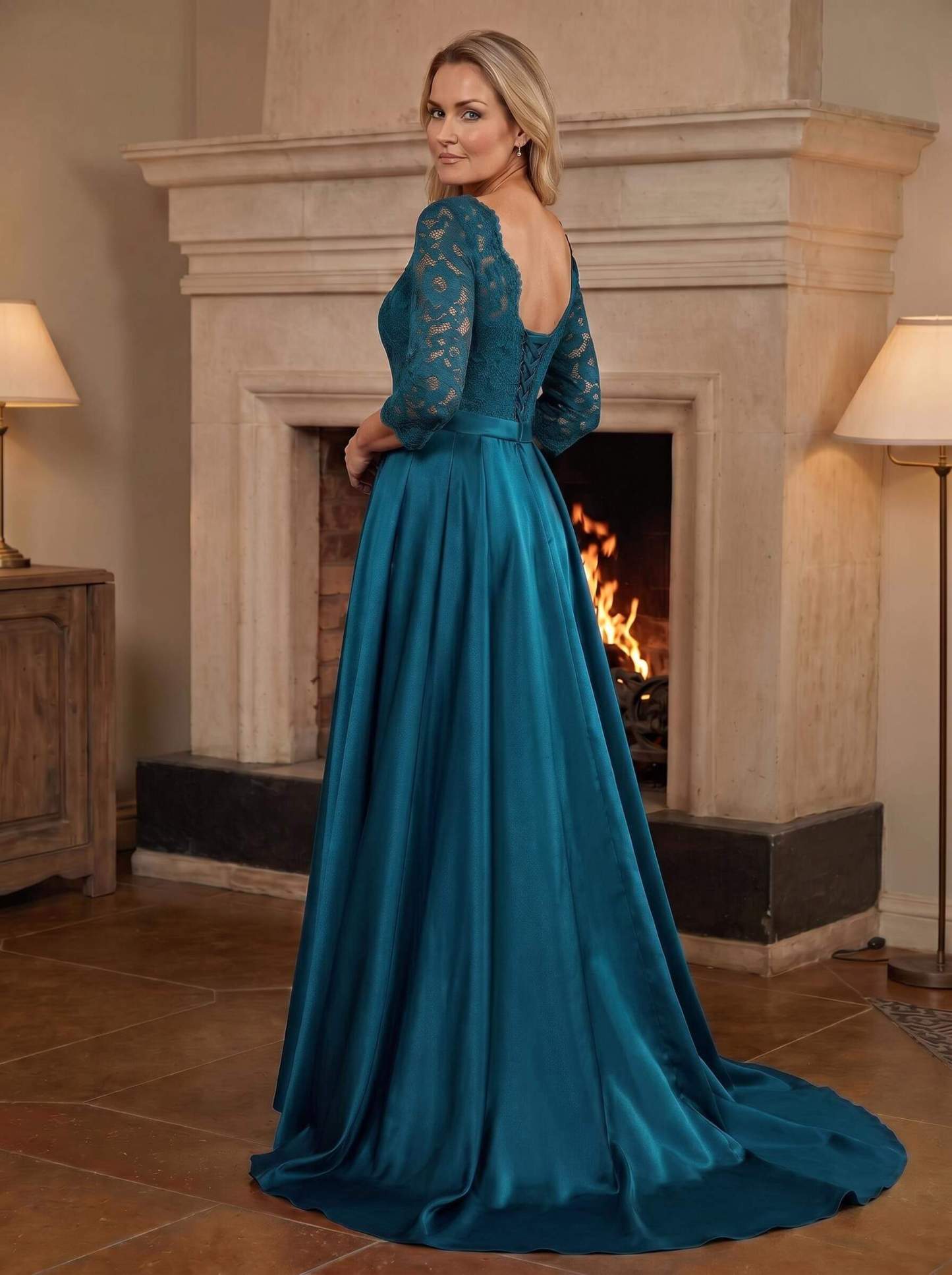 A-Line/Princess Scoop Neck Sweep/Brush Train Satin Mother Of The Bride Dresses With Lace
