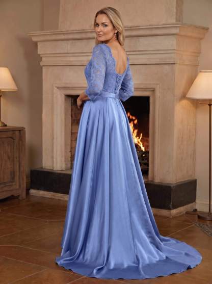 A-Line/Princess Scoop Neck Sweep/Brush Train Satin Mother Of The Bride Dresses With Lace