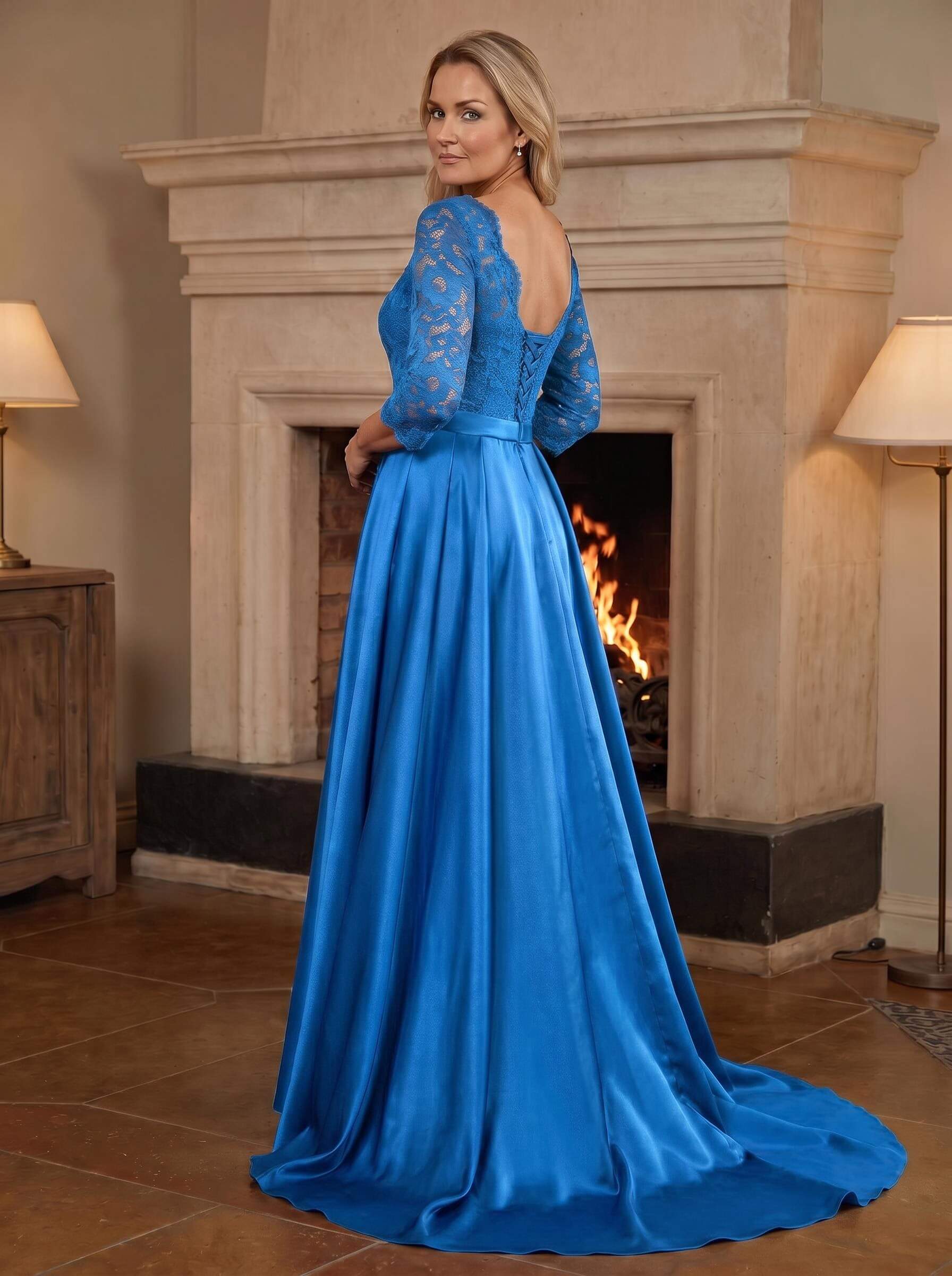 A-Line/Princess Scoop Neck Sweep/Brush Train Satin Mother Of The Bride Dresses With Lace