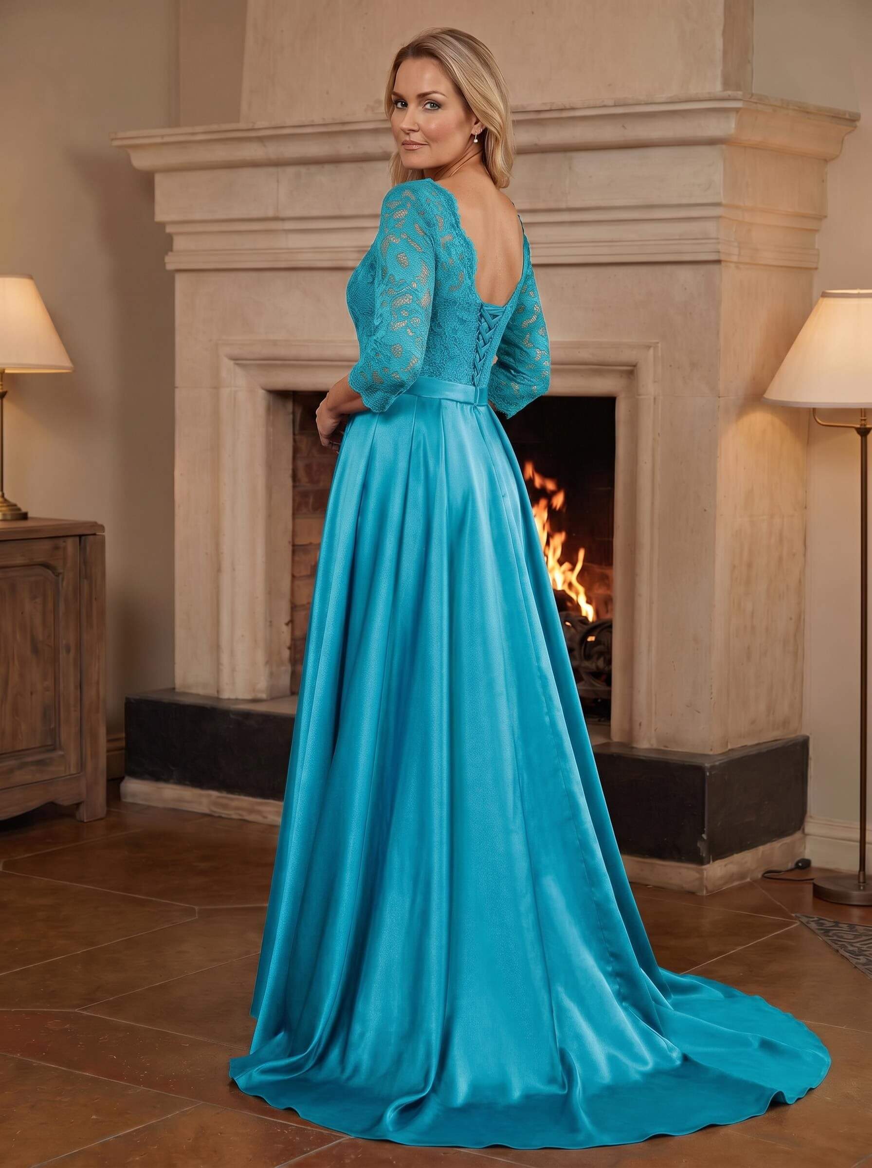 A-Line/Princess Scoop Neck Sweep/Brush Train Satin Mother Of The Bride Dresses With Lace