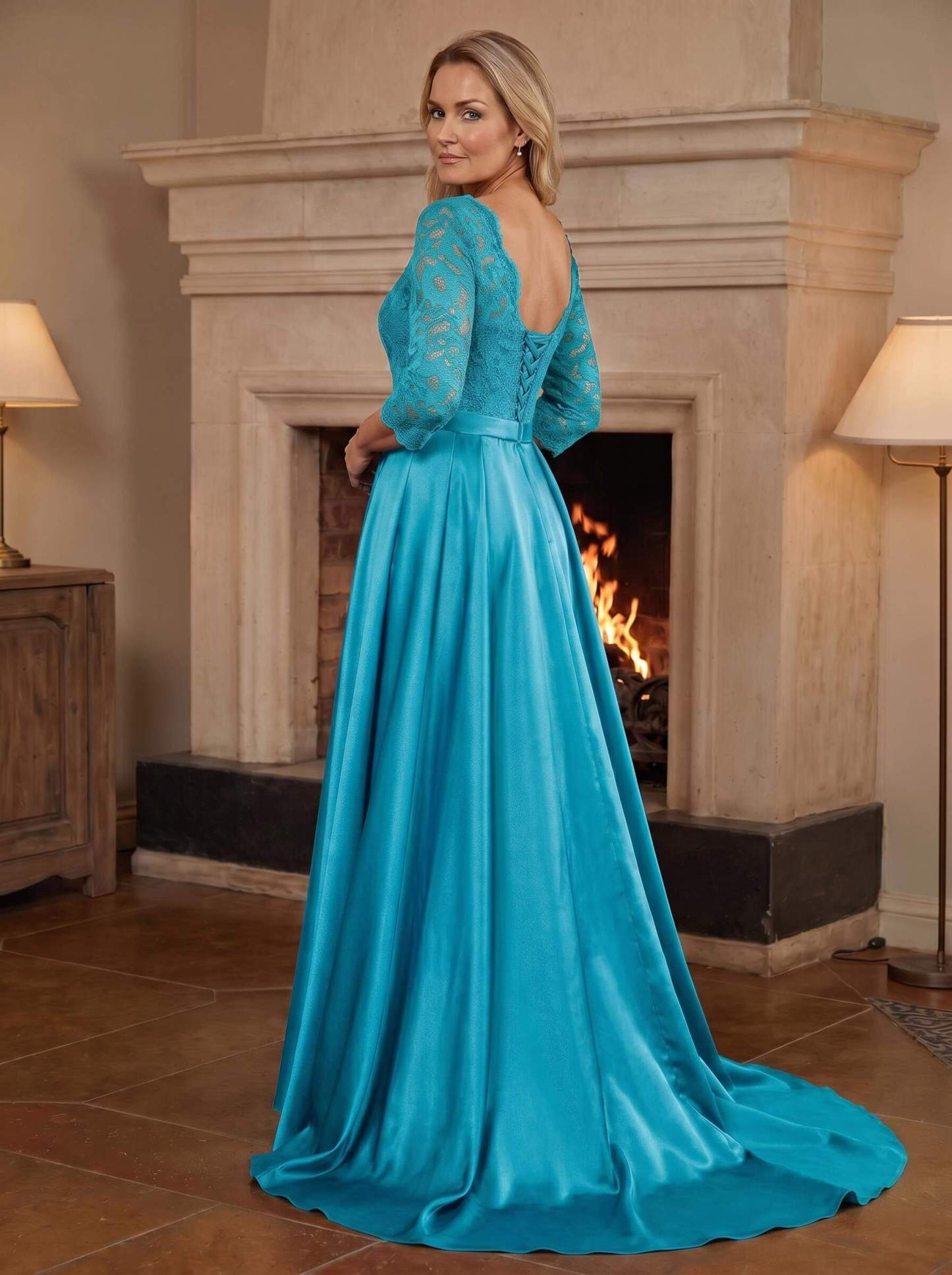 A-Line/Princess Scoop Neck Sweep/Brush Train Satin Mother Of The Bride Dresses With Lace