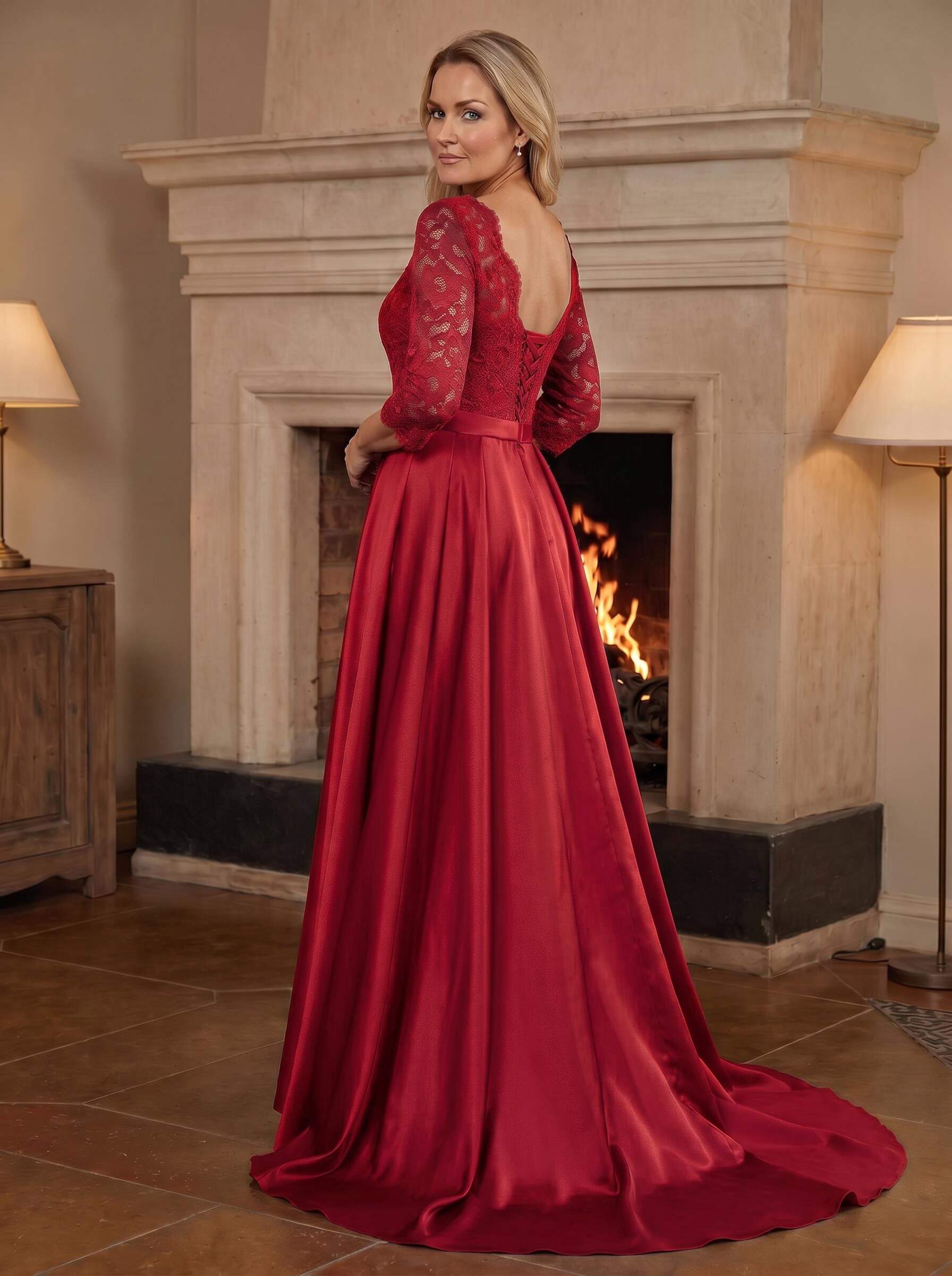 A-Line/Princess Scoop Neck Sweep/Brush Train Satin Mother Of The Bride Dresses With Lace