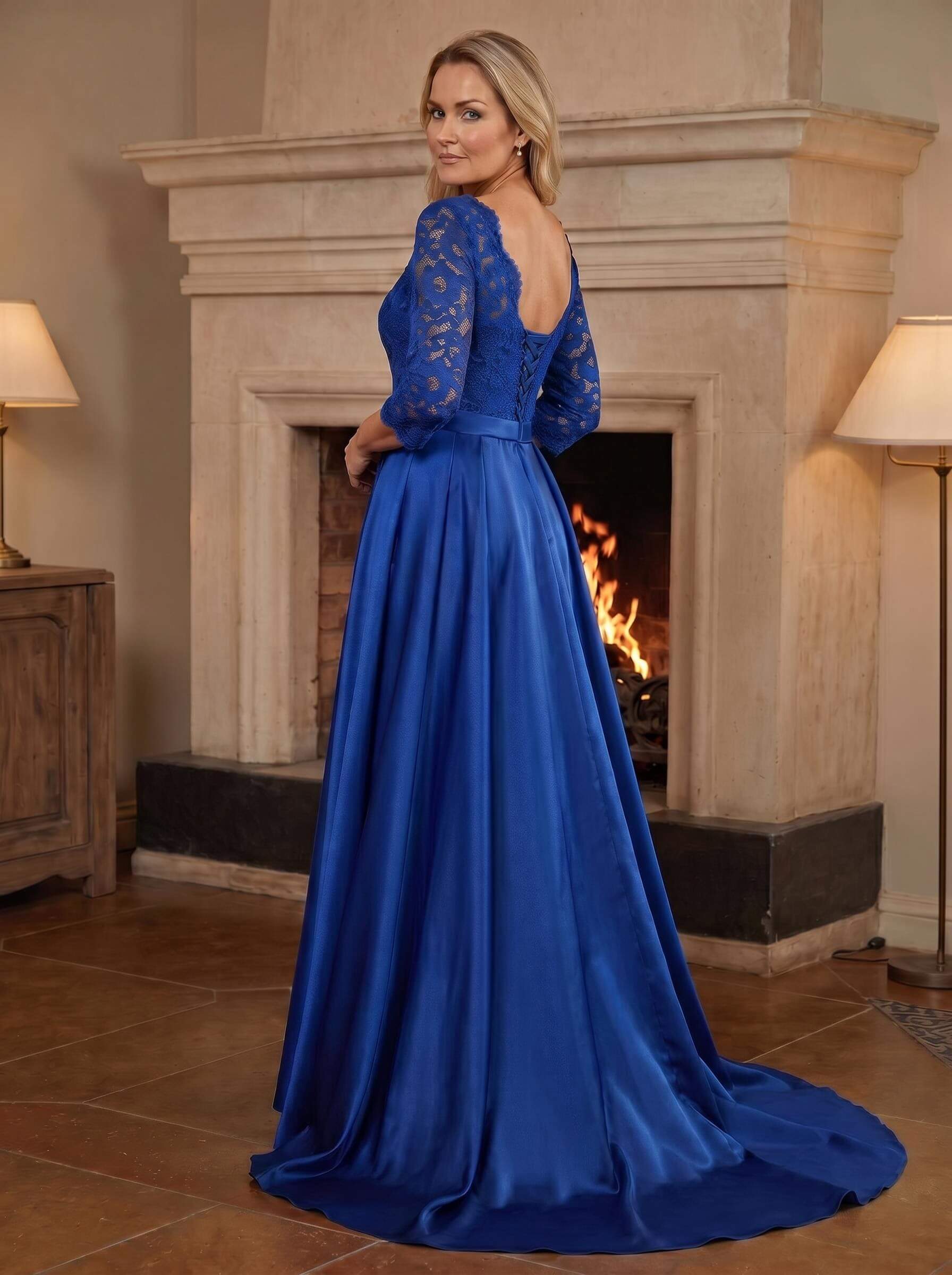 A-Line/Princess Scoop Neck Sweep/Brush Train Satin Mother Of The Bride Dresses With Lace