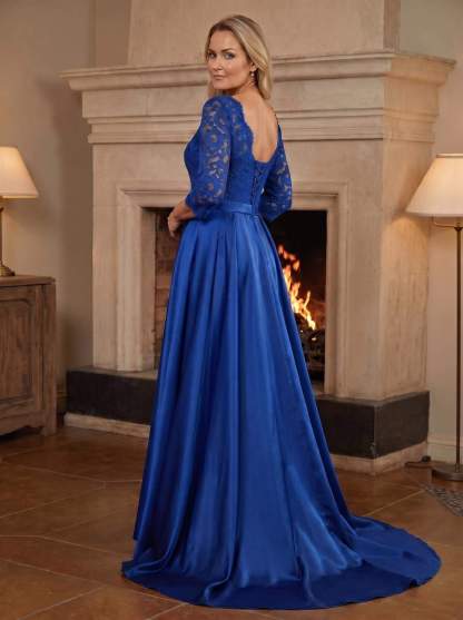 A-Line/Princess Scoop Neck Sweep/Brush Train Satin Mother Of The Bride Dresses With Lace