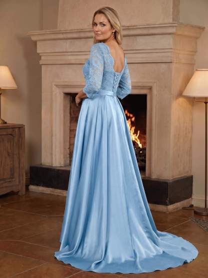A-Line/Princess Scoop Neck Sweep/Brush Train Satin Mother Of The Bride Dresses With Lace