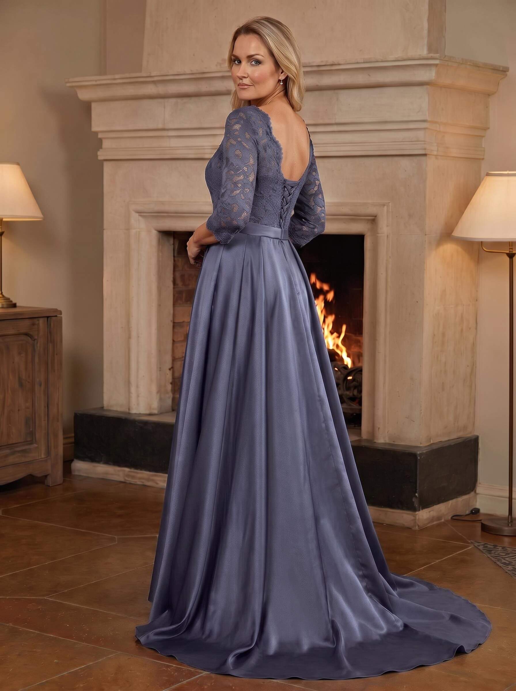 A-Line/Princess Scoop Neck Sweep/Brush Train Satin Mother Of The Bride Dresses With Lace