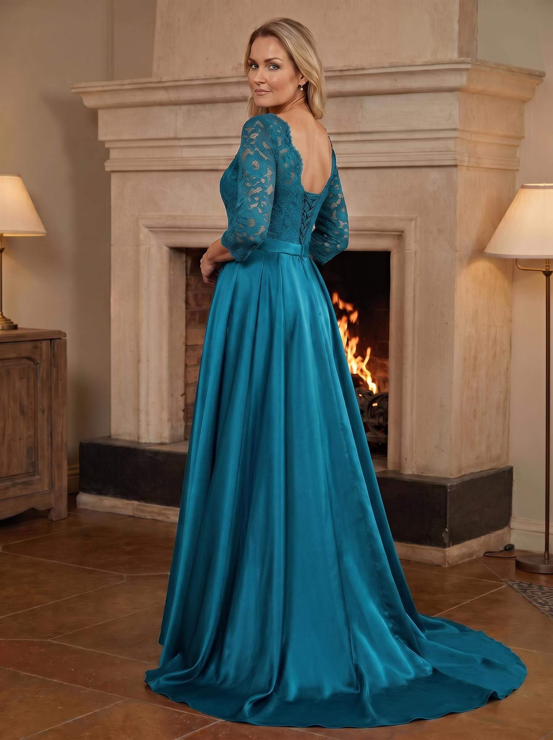 A-Line/Princess Scoop Neck Sweep/Brush Train Satin Mother Of The Bride Dresses With Lace