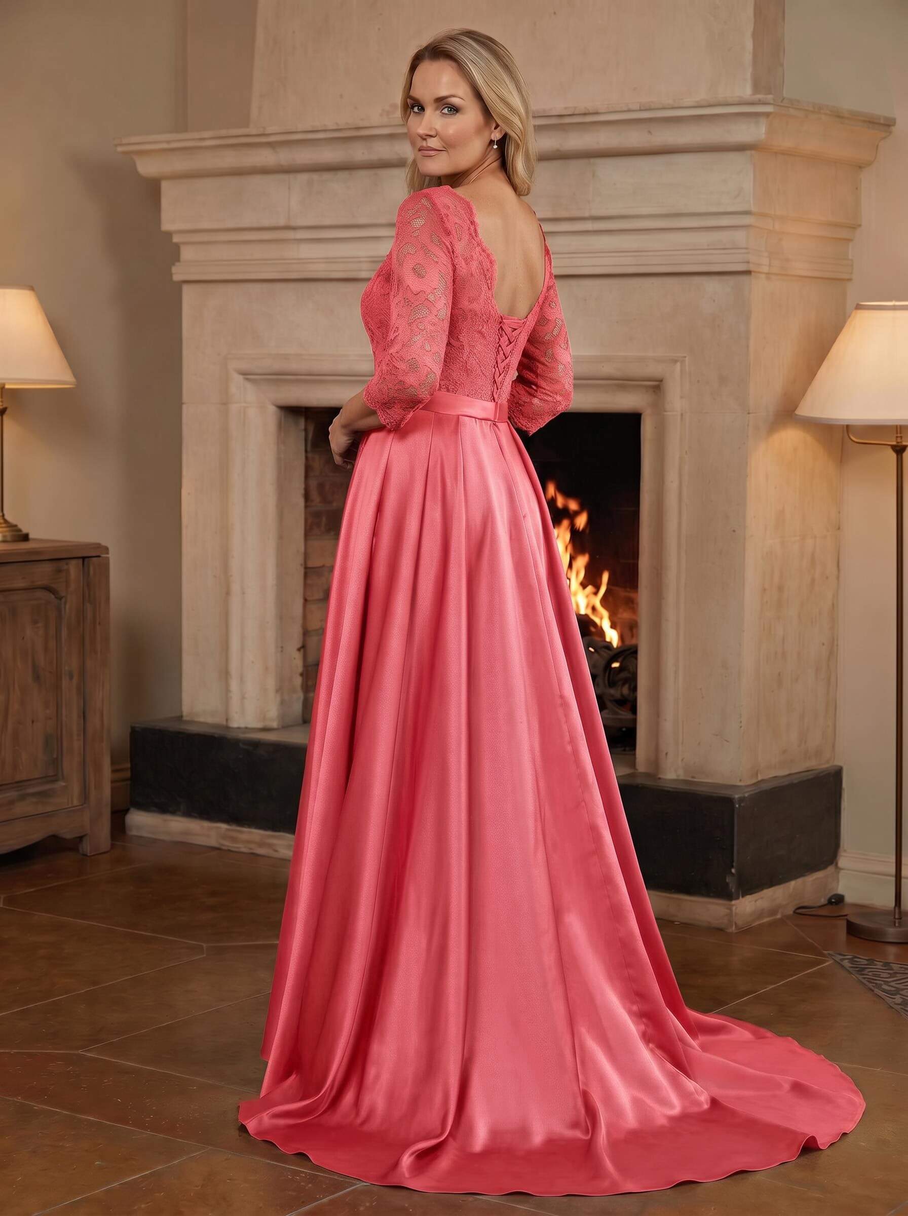 A-Line/Princess Scoop Neck Sweep/Brush Train Satin Mother Of The Bride Dresses With Lace