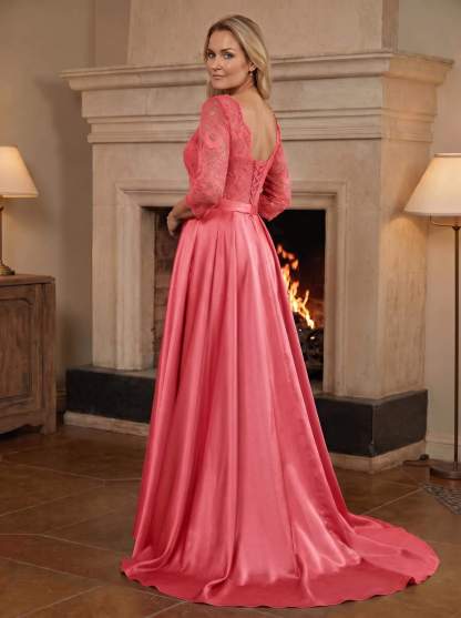 A-Line/Princess Scoop Neck Sweep/Brush Train Satin Mother Of The Bride Dresses With Lace