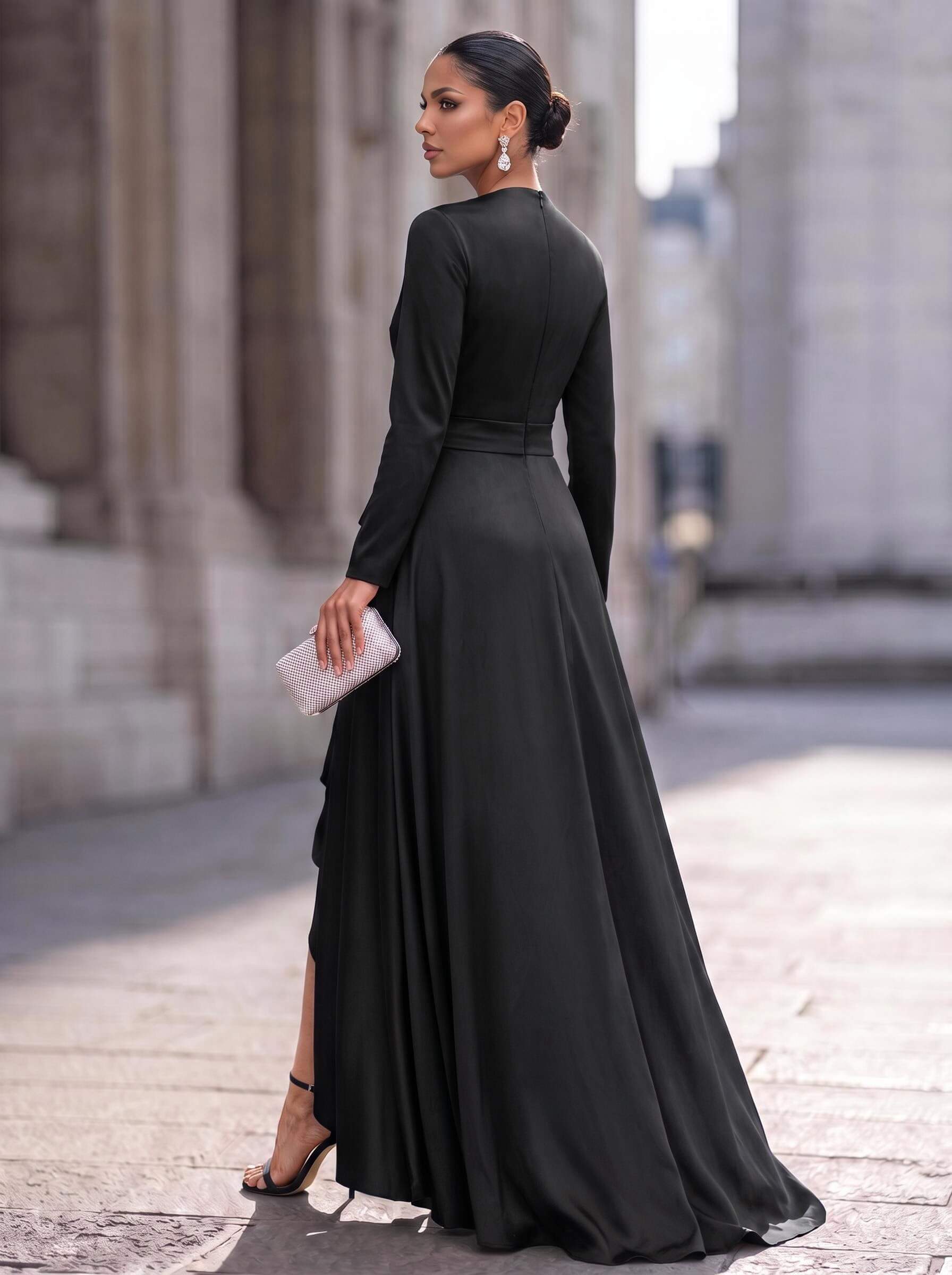 A-Line V-Neck Long Sleeves Asymmetrical Acetate Satin Mother Of The Bride Dresses With Ruffle