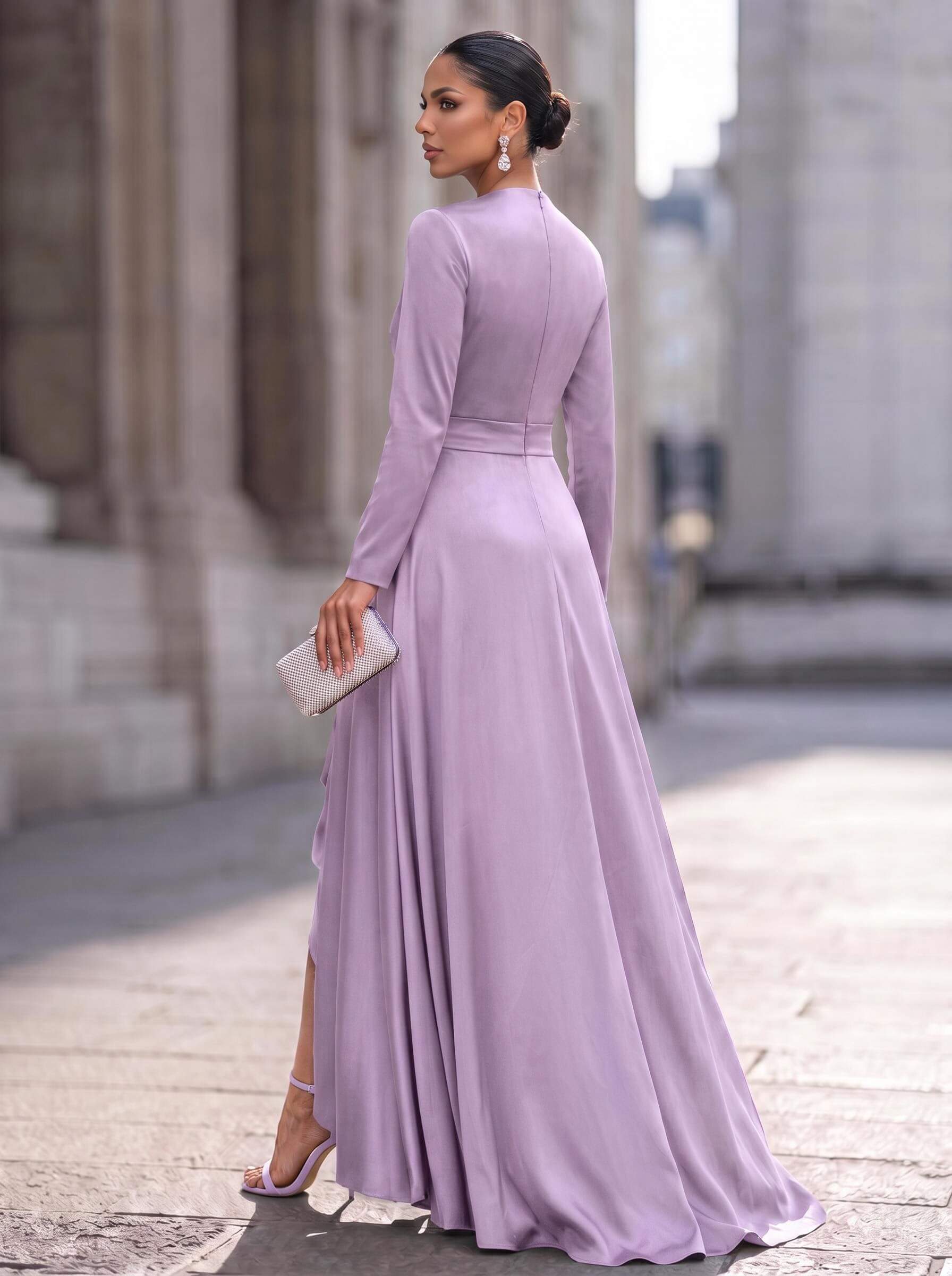 A-Line V-Neck Long Sleeves Asymmetrical Acetate Satin Mother Of The Bride Dresses With Ruffle