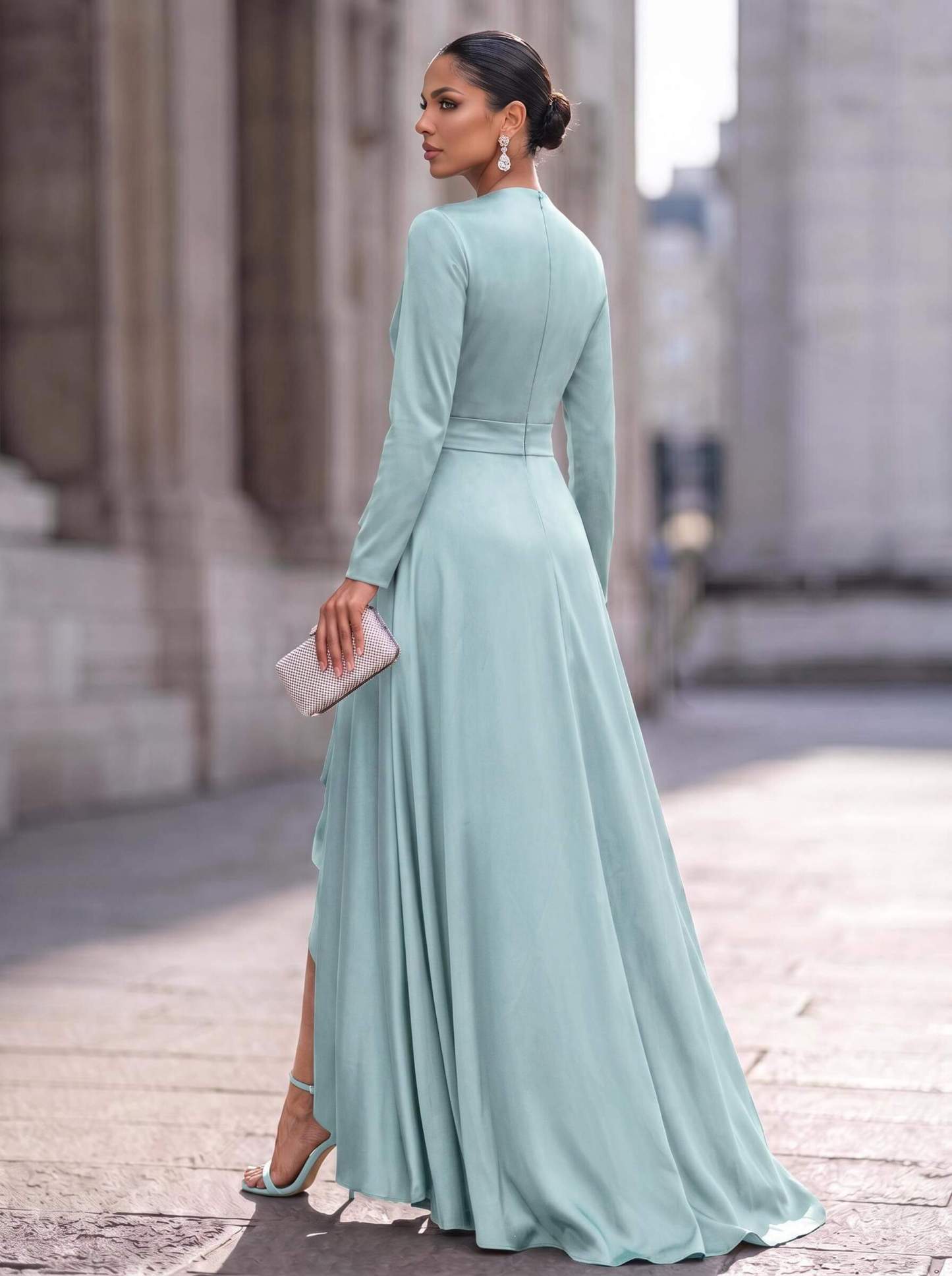A-Line V-Neck Long Sleeves Asymmetrical Acetate Satin Mother Of The Bride Dresses With Ruffle