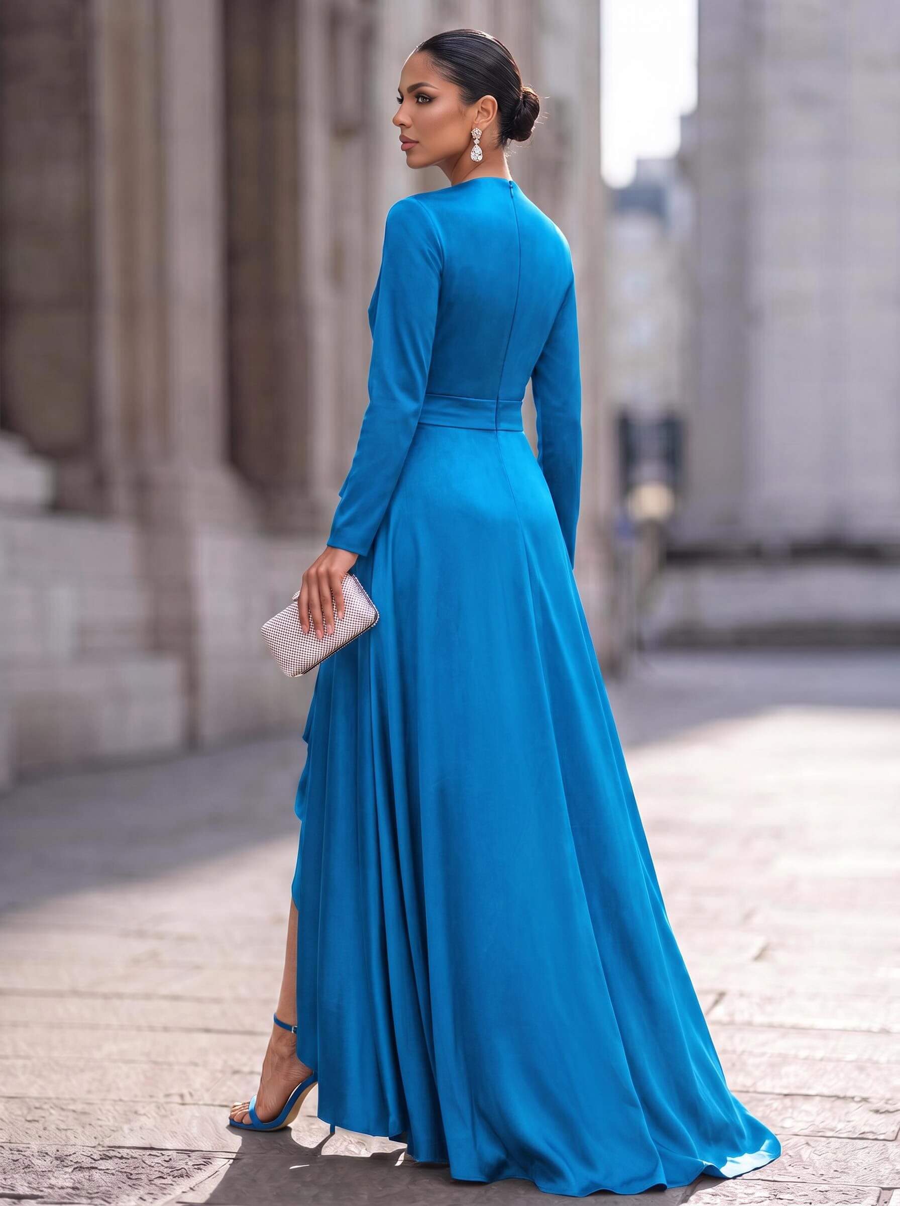 A-Line V-Neck Long Sleeves Asymmetrical Acetate Satin Mother Of The Bride Dresses With Ruffle