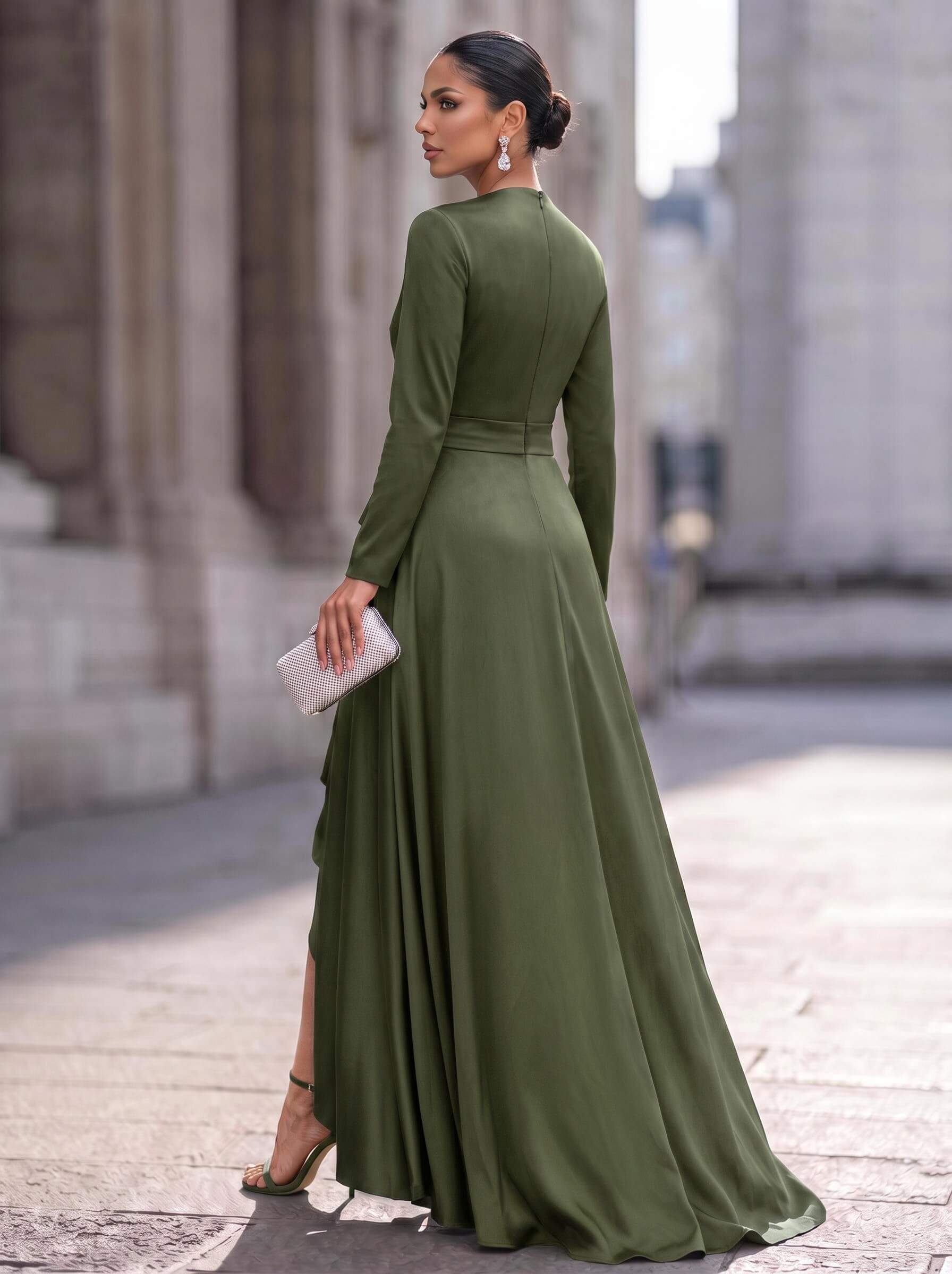 A-Line V-Neck Long Sleeves Asymmetrical Acetate Satin Mother Of The Bride Dresses With Ruffle