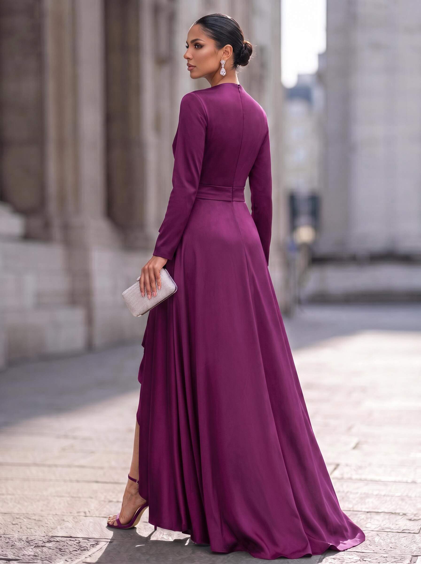 A-Line V-Neck Long Sleeves Asymmetrical Acetate Satin Mother Of The Bride Dresses With Ruffle