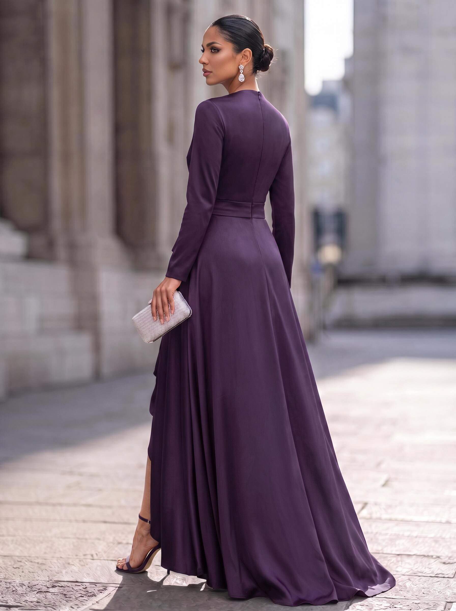 A-Line V-Neck Long Sleeves Asymmetrical Acetate Satin Mother Of The Bride Dresses With Ruffle
