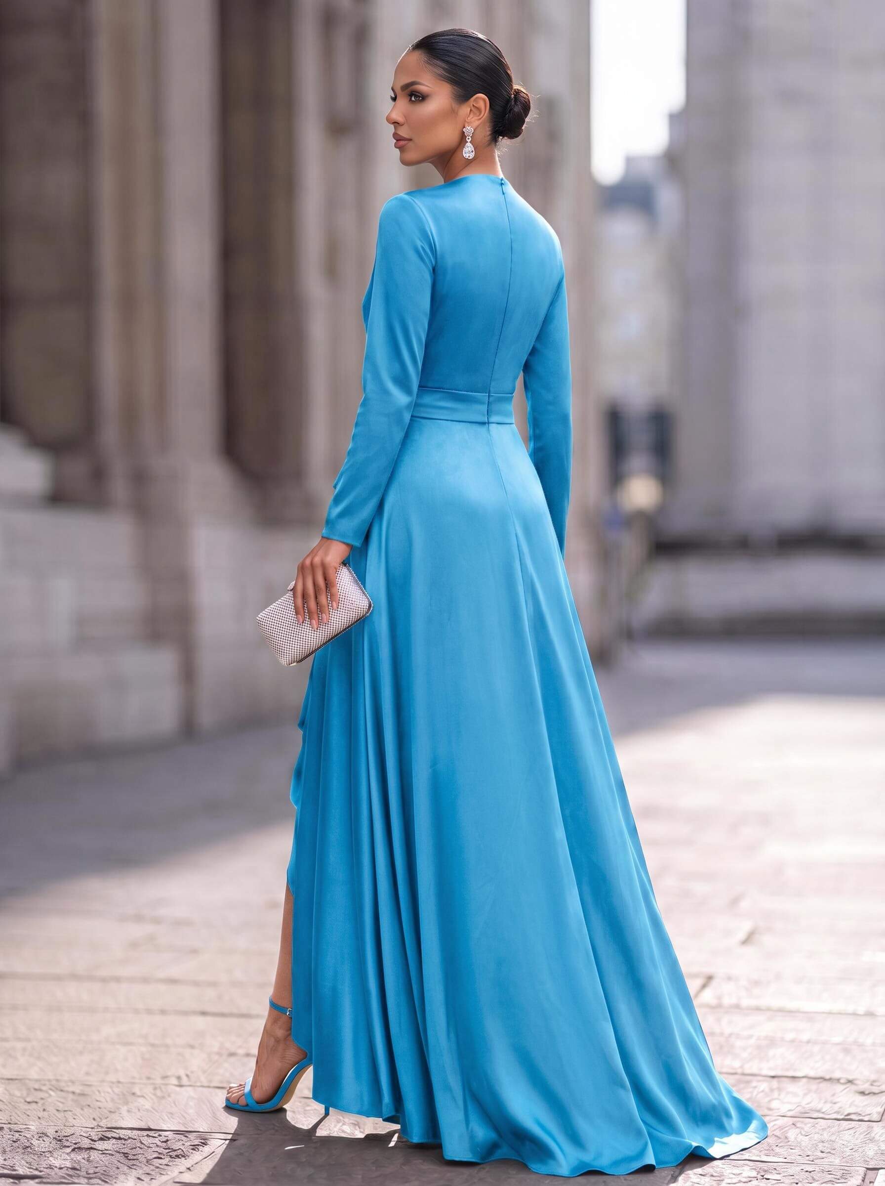 A-Line V-Neck Long Sleeves Asymmetrical Acetate Satin Mother Of The Bride Dresses With Ruffle
