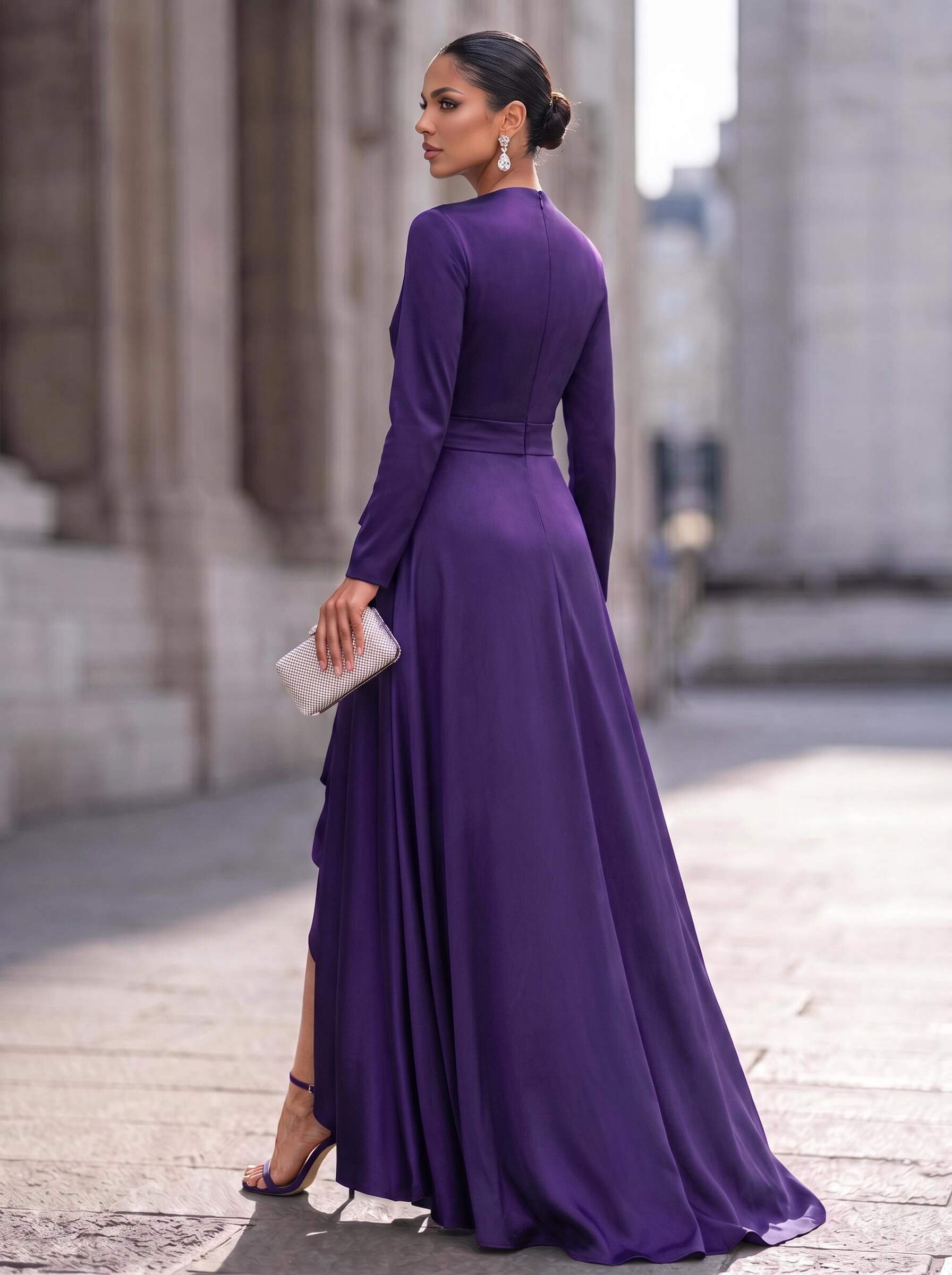 A-Line V-Neck Long Sleeves Asymmetrical Acetate Satin Mother Of The Bride Dresses With Ruffle