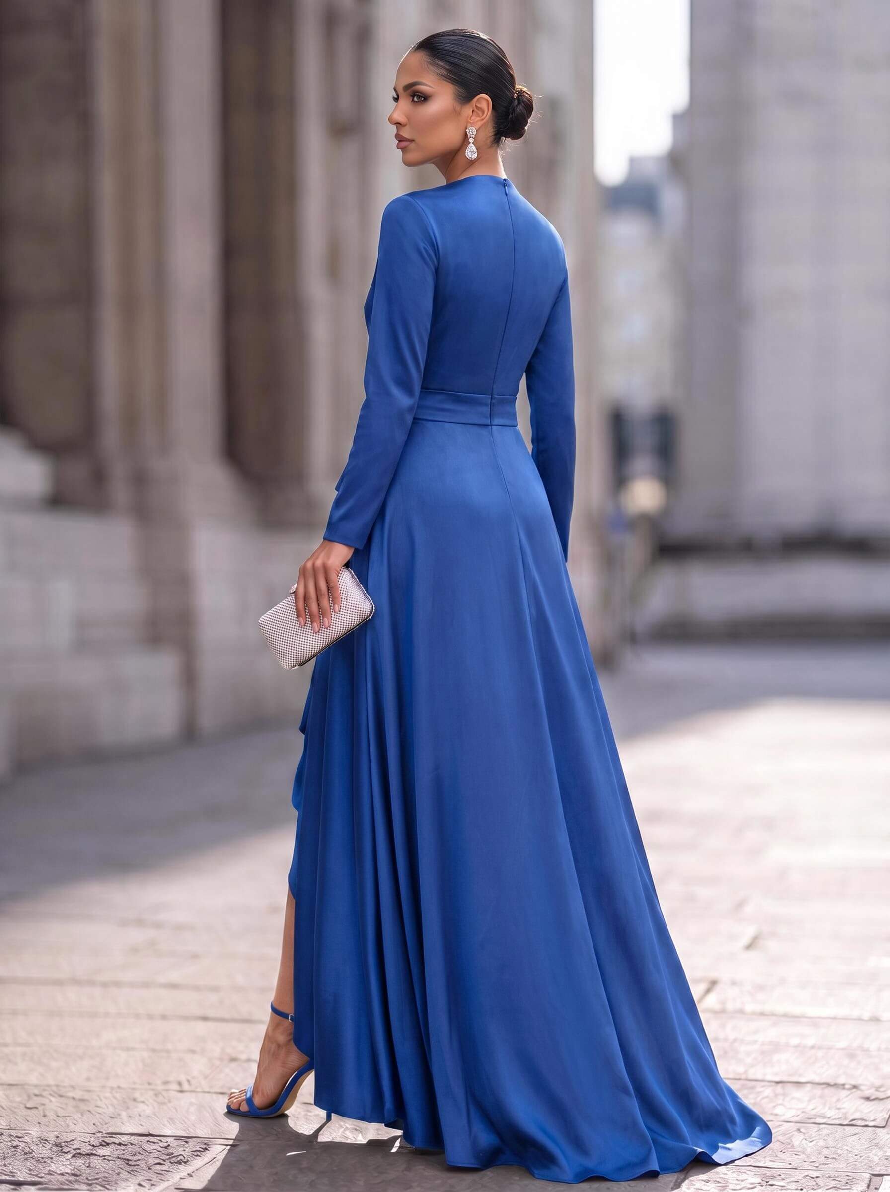 A-Line V-Neck Long Sleeves Asymmetrical Acetate Satin Mother Of The Bride Dresses With Ruffle