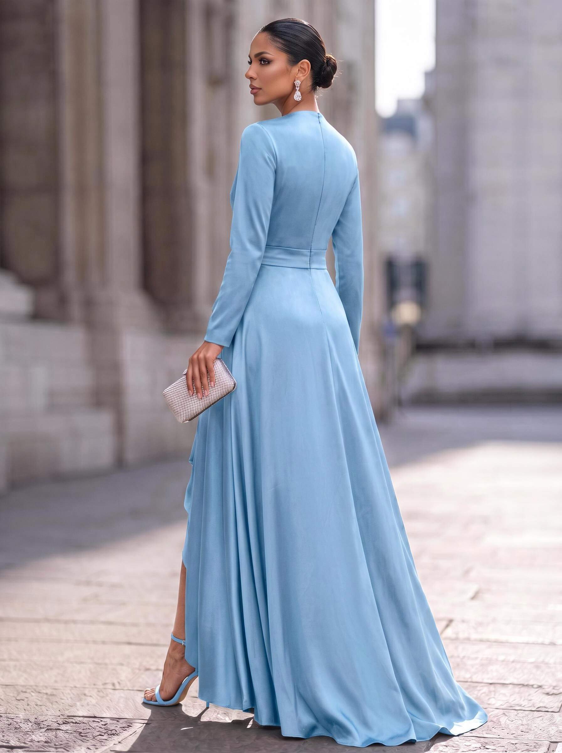 A-Line V-Neck Long Sleeves Asymmetrical Acetate Satin Mother Of The Bride Dresses With Ruffle