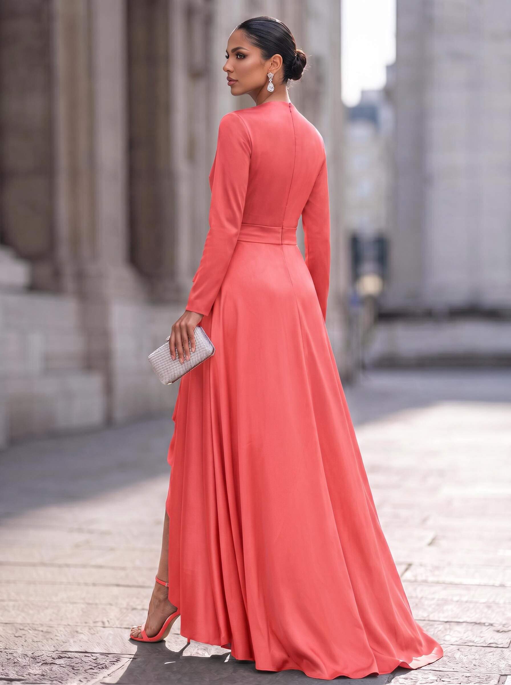 A-Line V-Neck Long Sleeves Asymmetrical Acetate Satin Mother Of The Bride Dresses With Ruffle