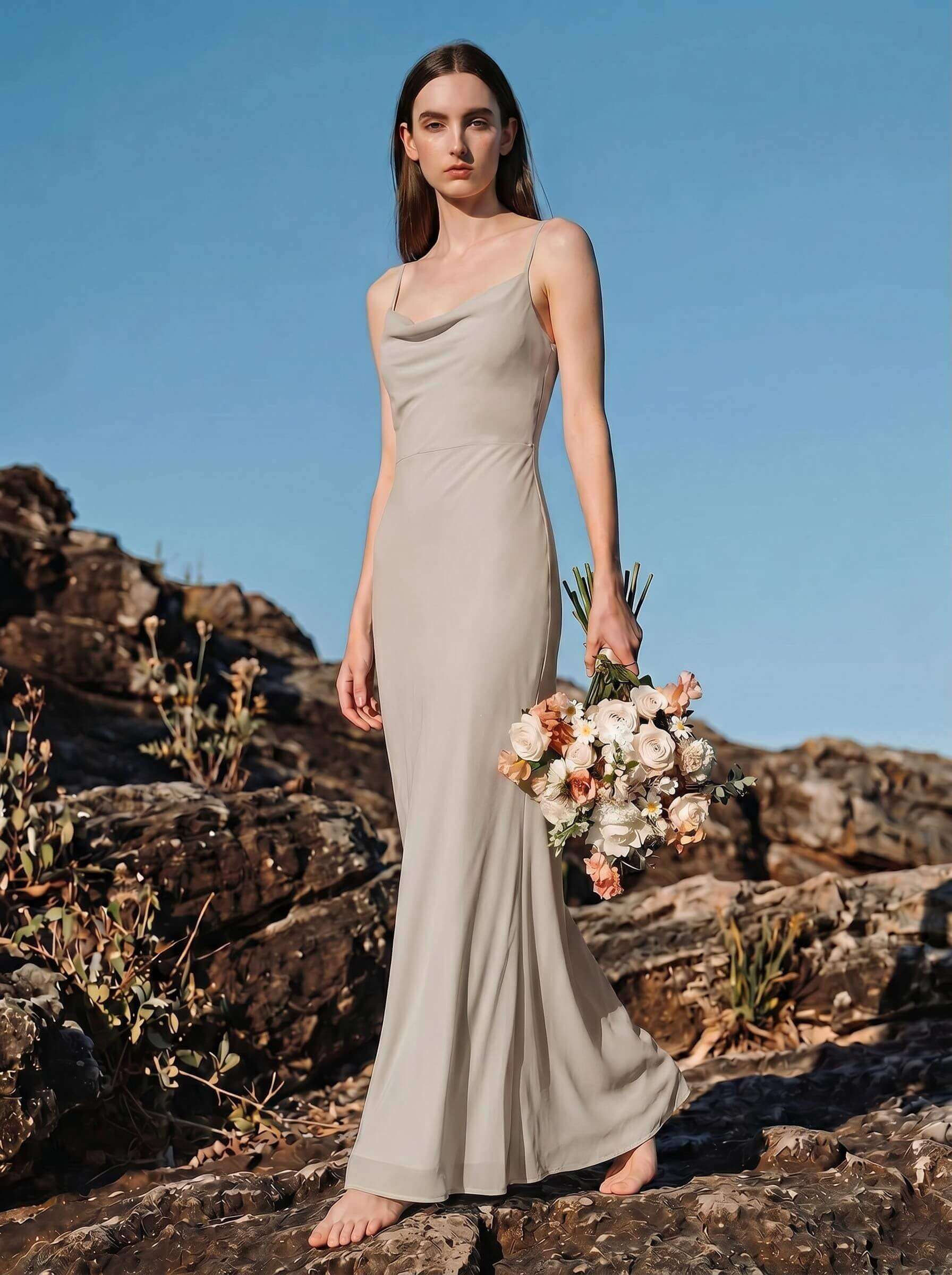 Sheath/Column Cowl Neck Sleeveless Floor-Length Chiffon Bridesmaid Dresses With Back Hole