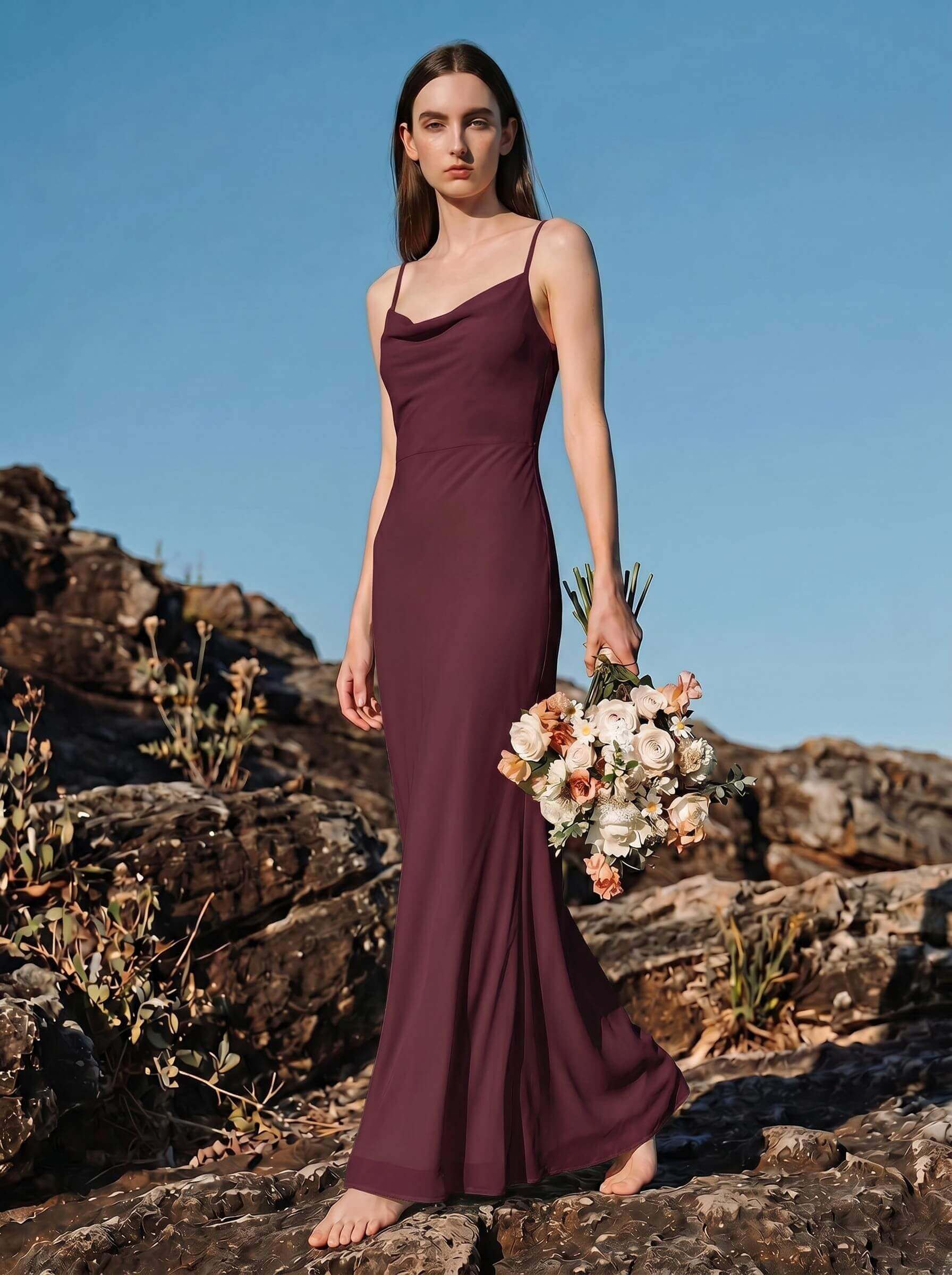 Sheath/Column Cowl Neck Sleeveless Floor-Length Chiffon Bridesmaid Dresses With Back Hole