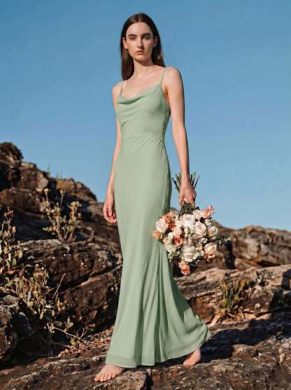 Sheath/Column Cowl Neck Sleeveless Floor-Length Chiffon Bridesmaid Dresses With Back Hole