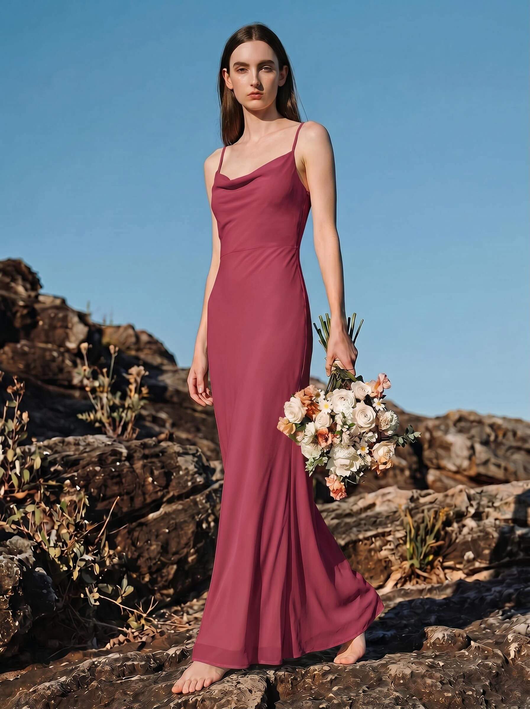 Sheath/Column Cowl Neck Sleeveless Floor-Length Chiffon Bridesmaid Dresses With Back Hole