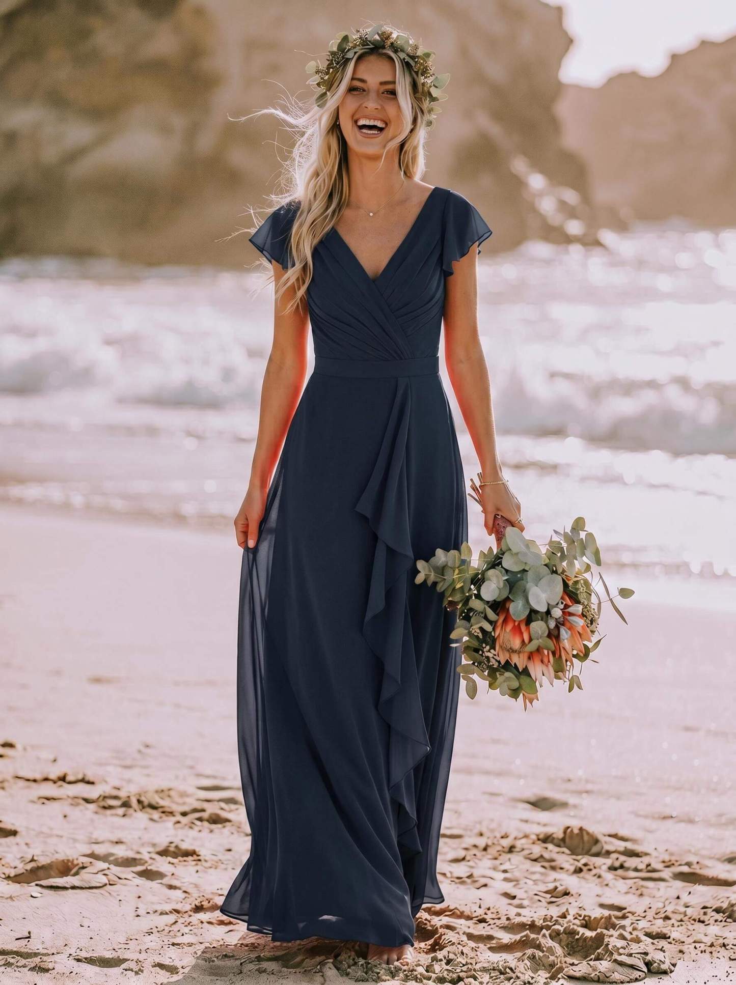 A-Line V-Neck Sleeveless Floor-Length Chiffon Bridesmaid Dresses With Ruffle