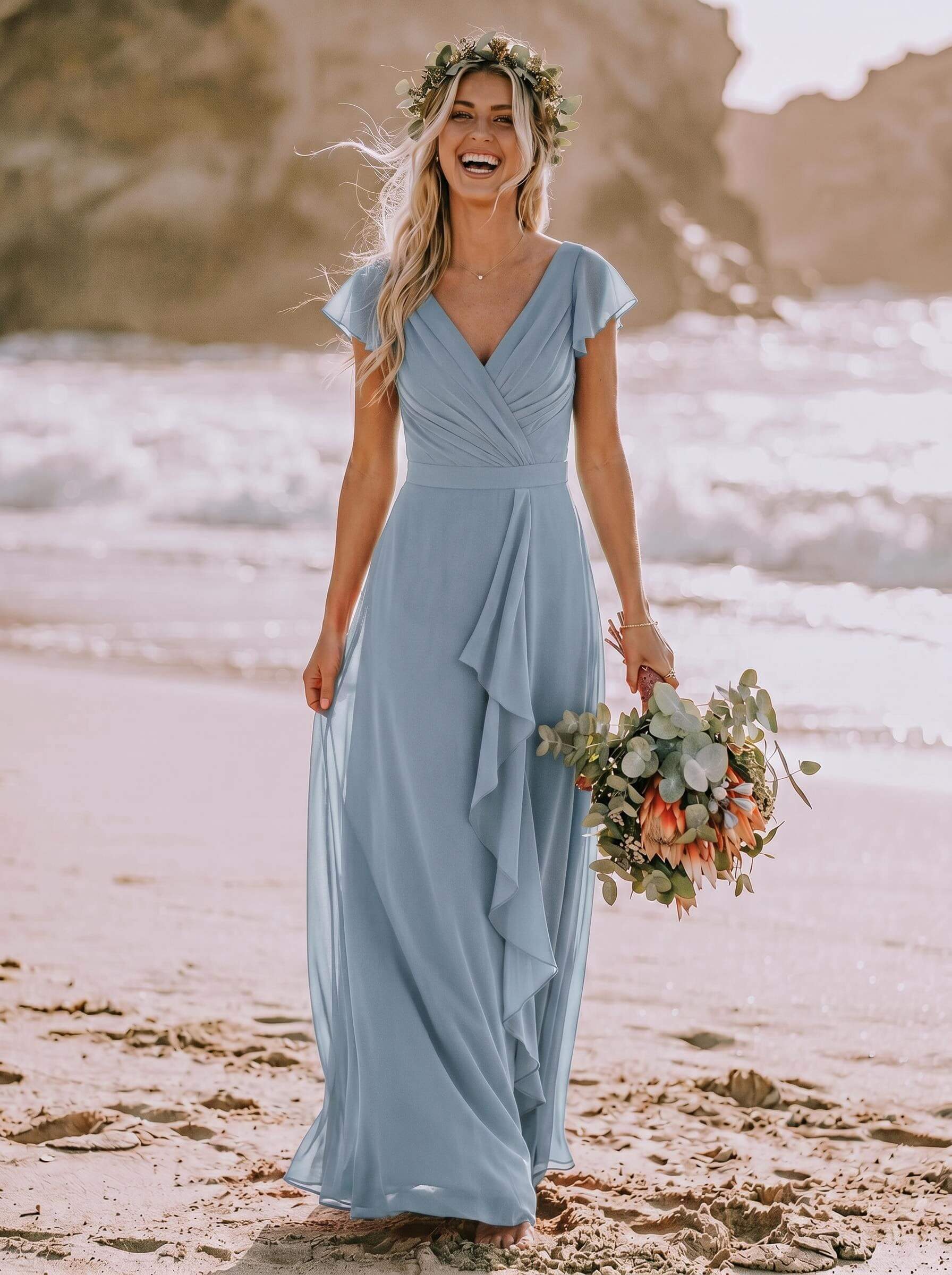 A-Line V-Neck Sleeveless Floor-Length Chiffon Bridesmaid Dresses With Ruffle