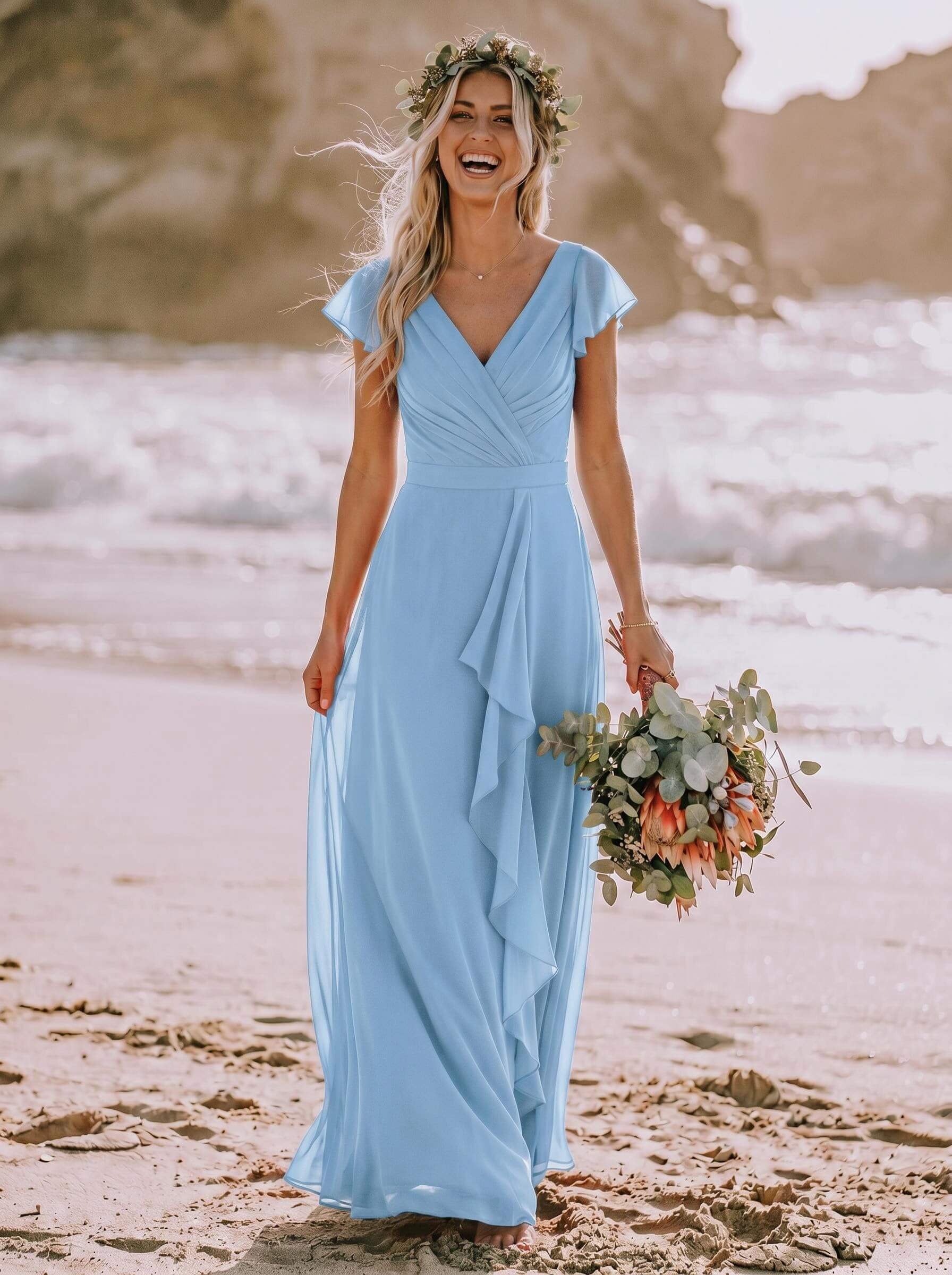 A-Line V-Neck Sleeveless Floor-Length Chiffon Bridesmaid Dresses With Ruffle