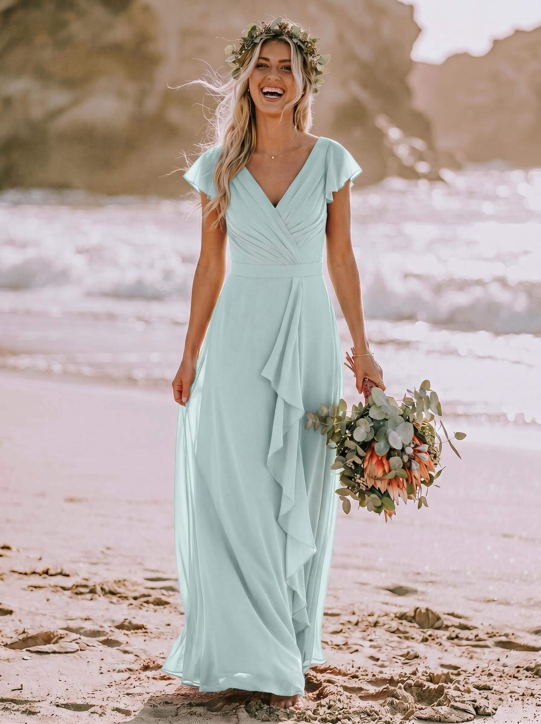 A-Line V-Neck Sleeveless Floor-Length Chiffon Bridesmaid Dresses With Ruffle