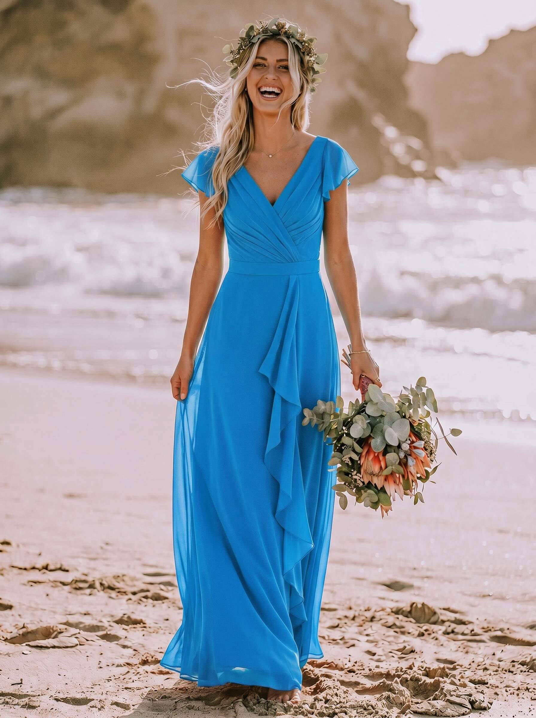 A-Line V-Neck Sleeveless Floor-Length Chiffon Bridesmaid Dresses With Ruffle