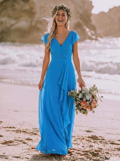 A-Line V-Neck Sleeveless Floor-Length Chiffon Bridesmaid Dresses With Ruffle