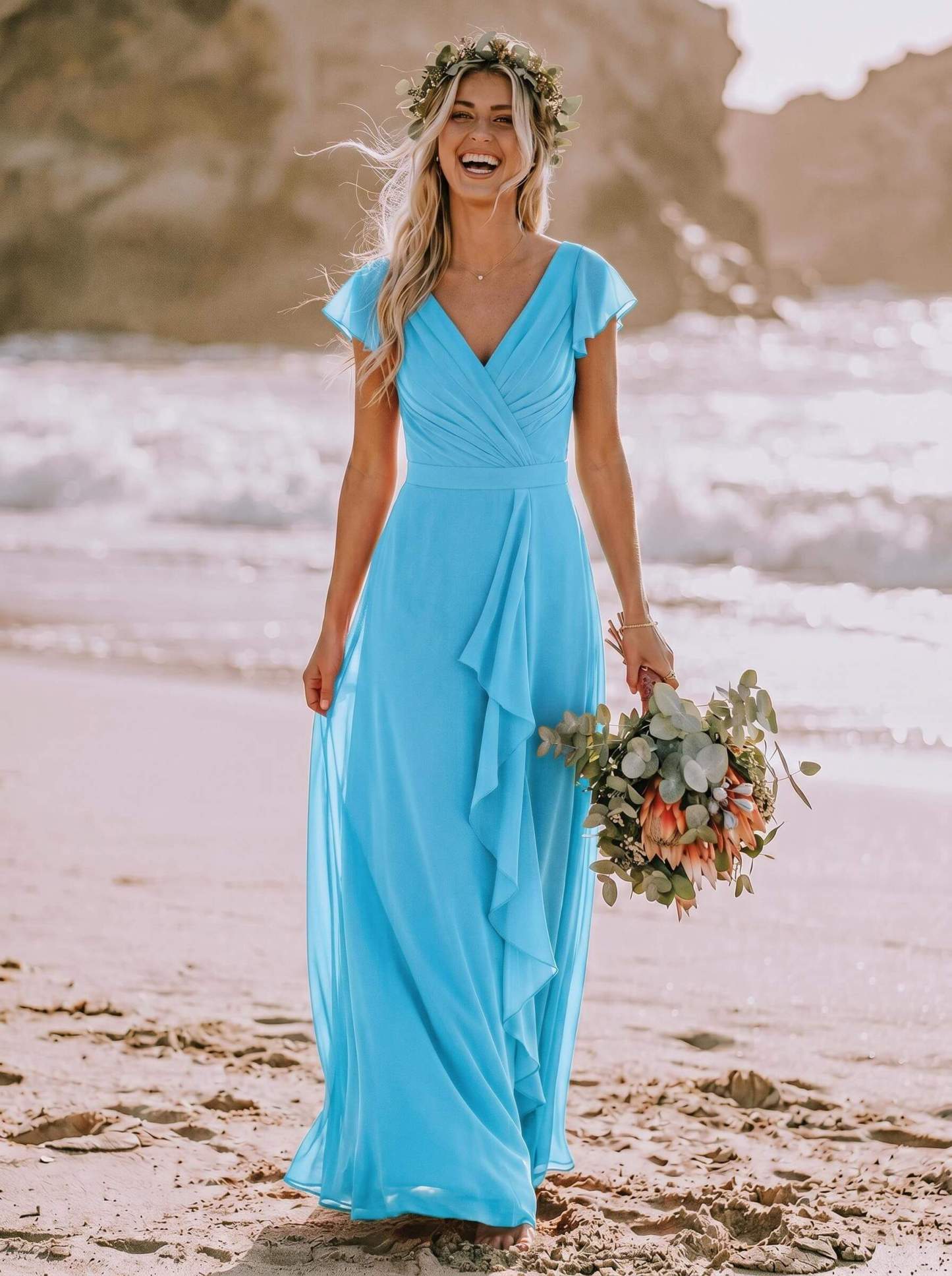 A-Line V-Neck Sleeveless Floor-Length Chiffon Bridesmaid Dresses With Ruffle