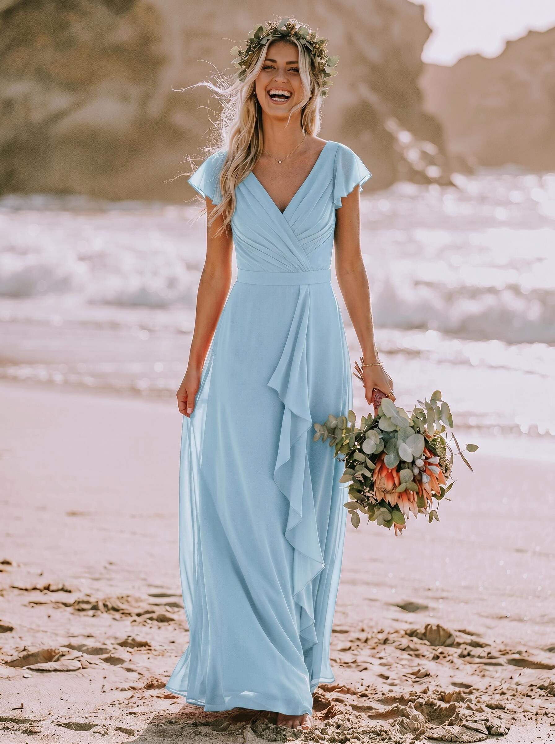 A-Line V-Neck Sleeveless Floor-Length Chiffon Bridesmaid Dresses With Ruffle