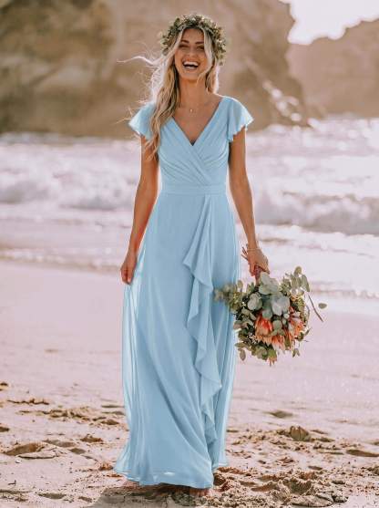 A-Line V-Neck Sleeveless Floor-Length Chiffon Bridesmaid Dresses With Ruffle